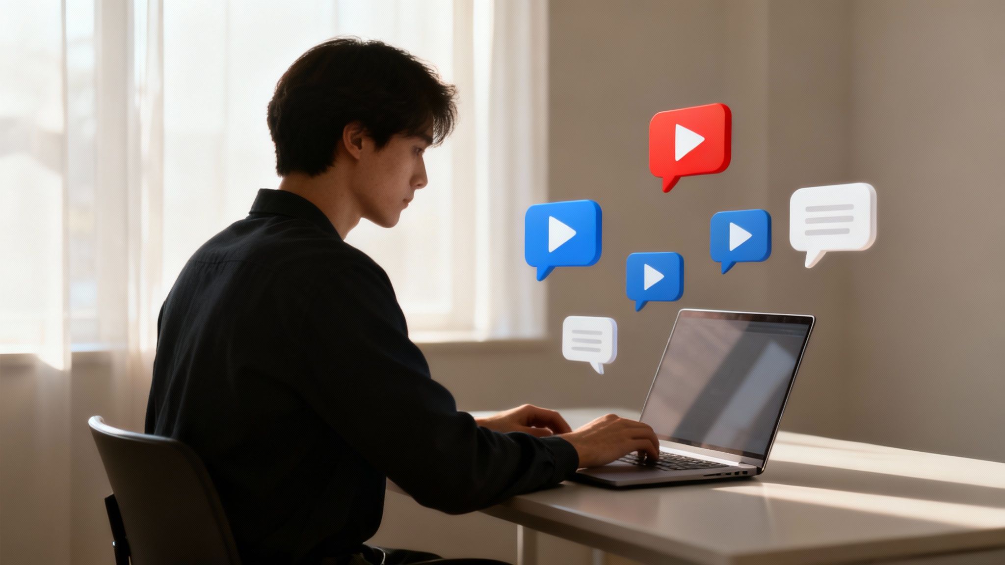 A person working on a laptop with charts and graphs in the background, representing the growth of a faceless YouTube channel.