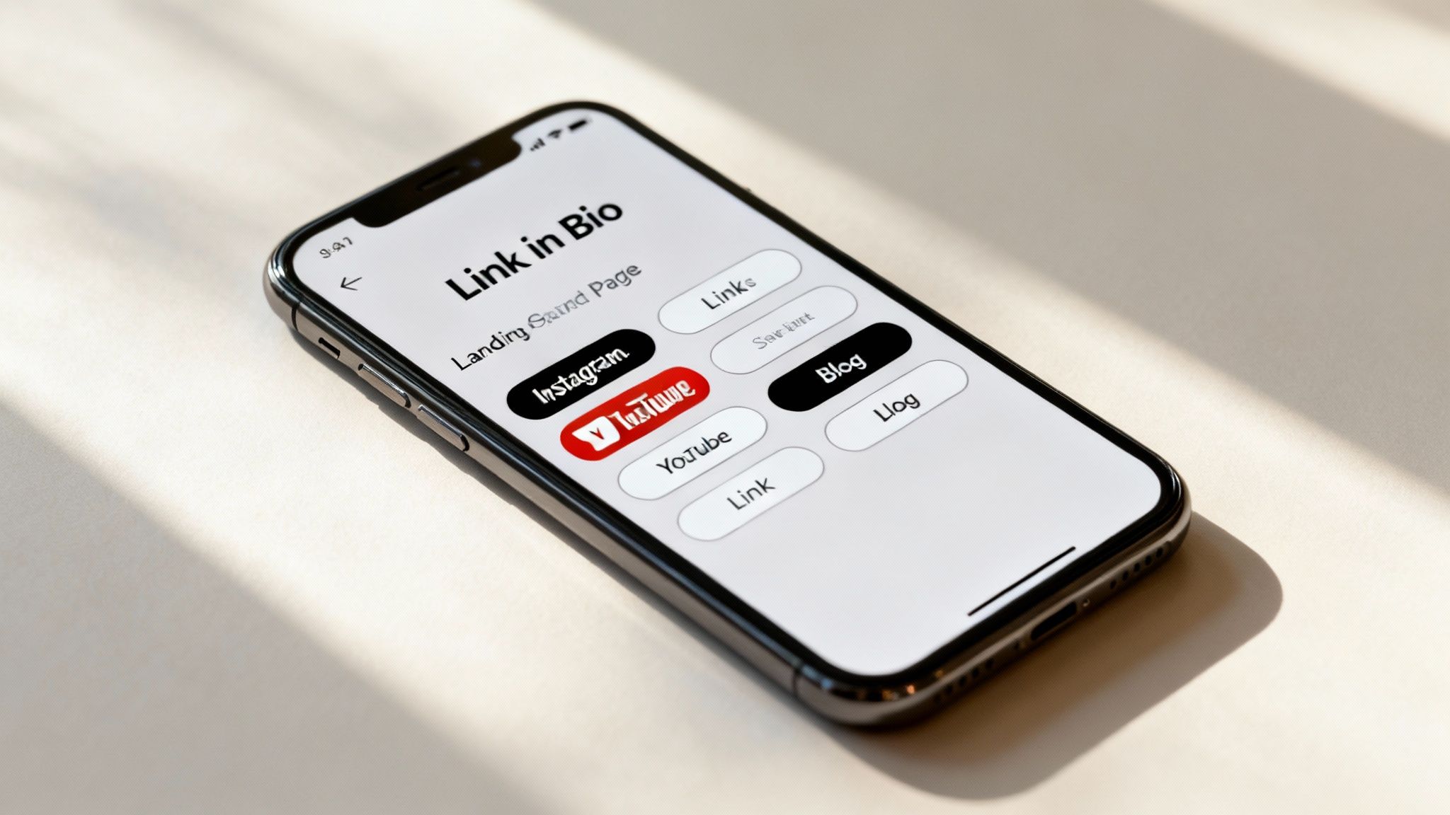 A creator's smartphone showing a colorful Linktree-style bio page with multiple links.