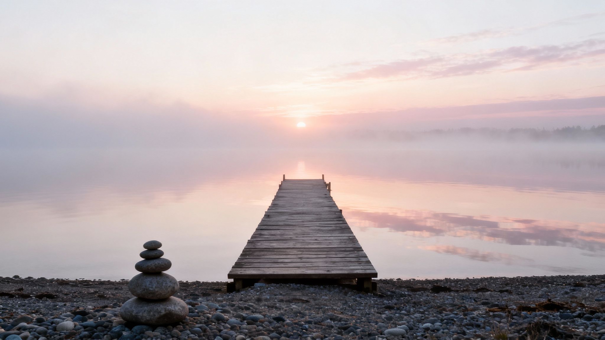 A serene sunrise over a misty lake with a long wooden pier and balanced stones on the shore.