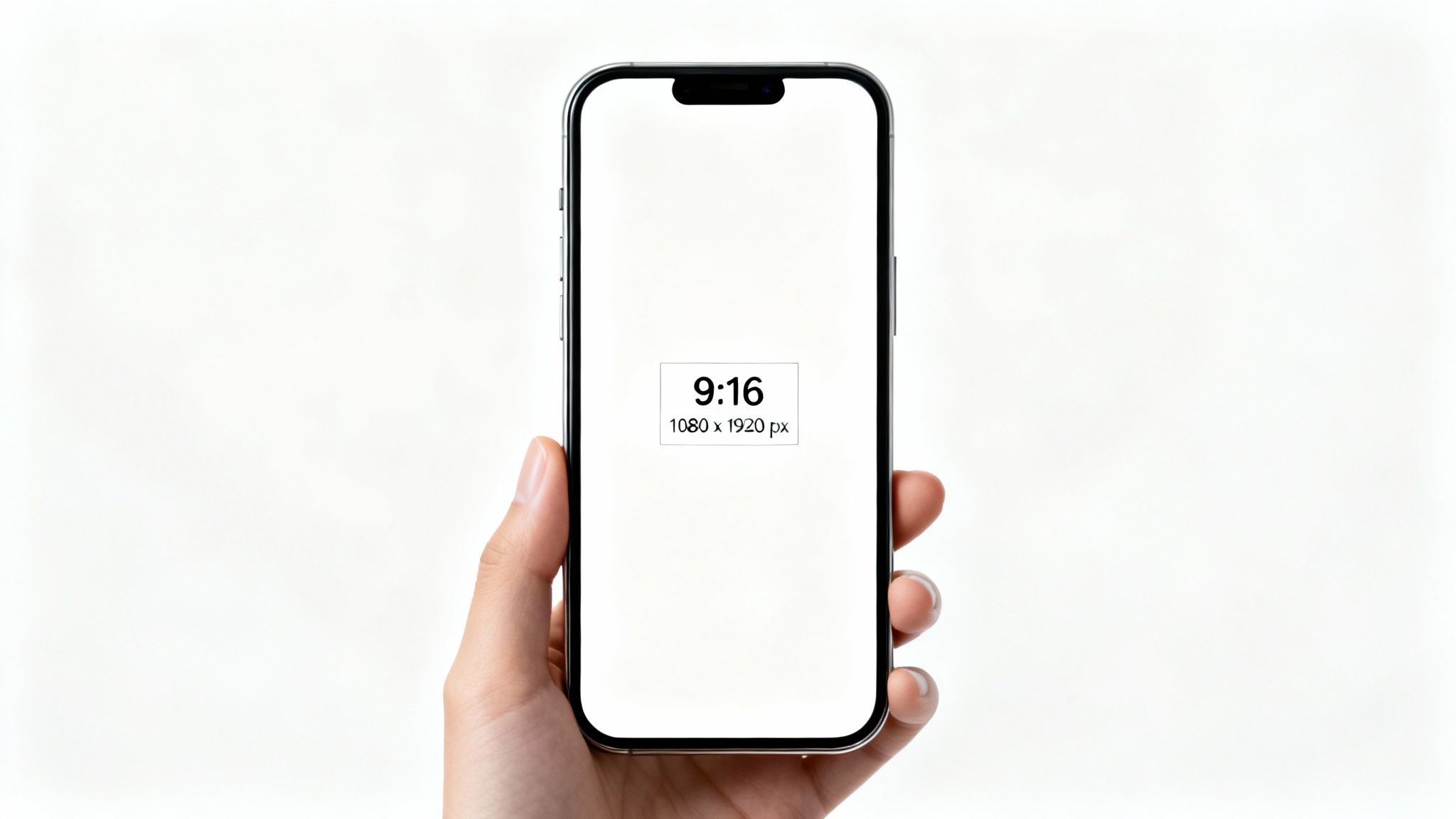 Hand holding smartphone displaying 9:16 aspect ratio 1080 by 1920 pixels vertical screen dimensions