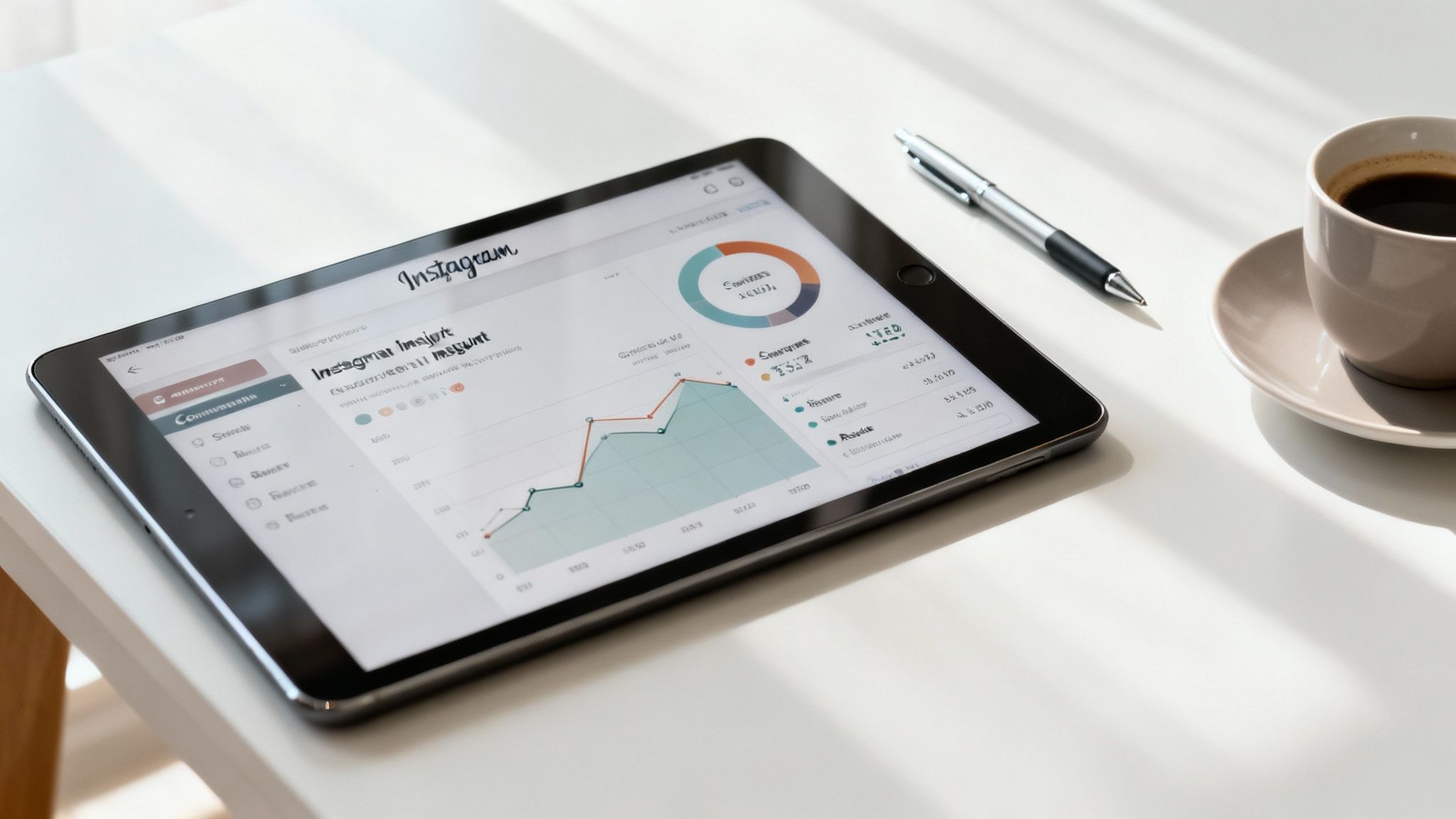 A tablet displays Instagram analytics with graphs and charts, beside a pen and coffee.