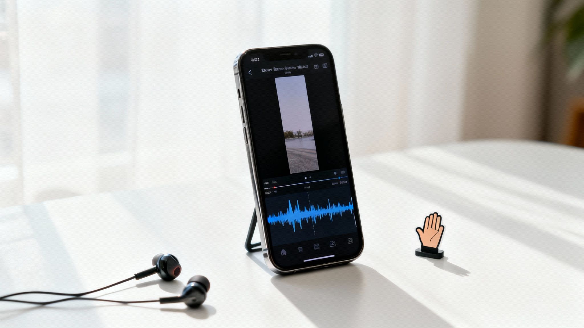 An iPhone on a stand displays a video editing app with an audio waveform. Wired earphones and a hand figurine are on a white table.
