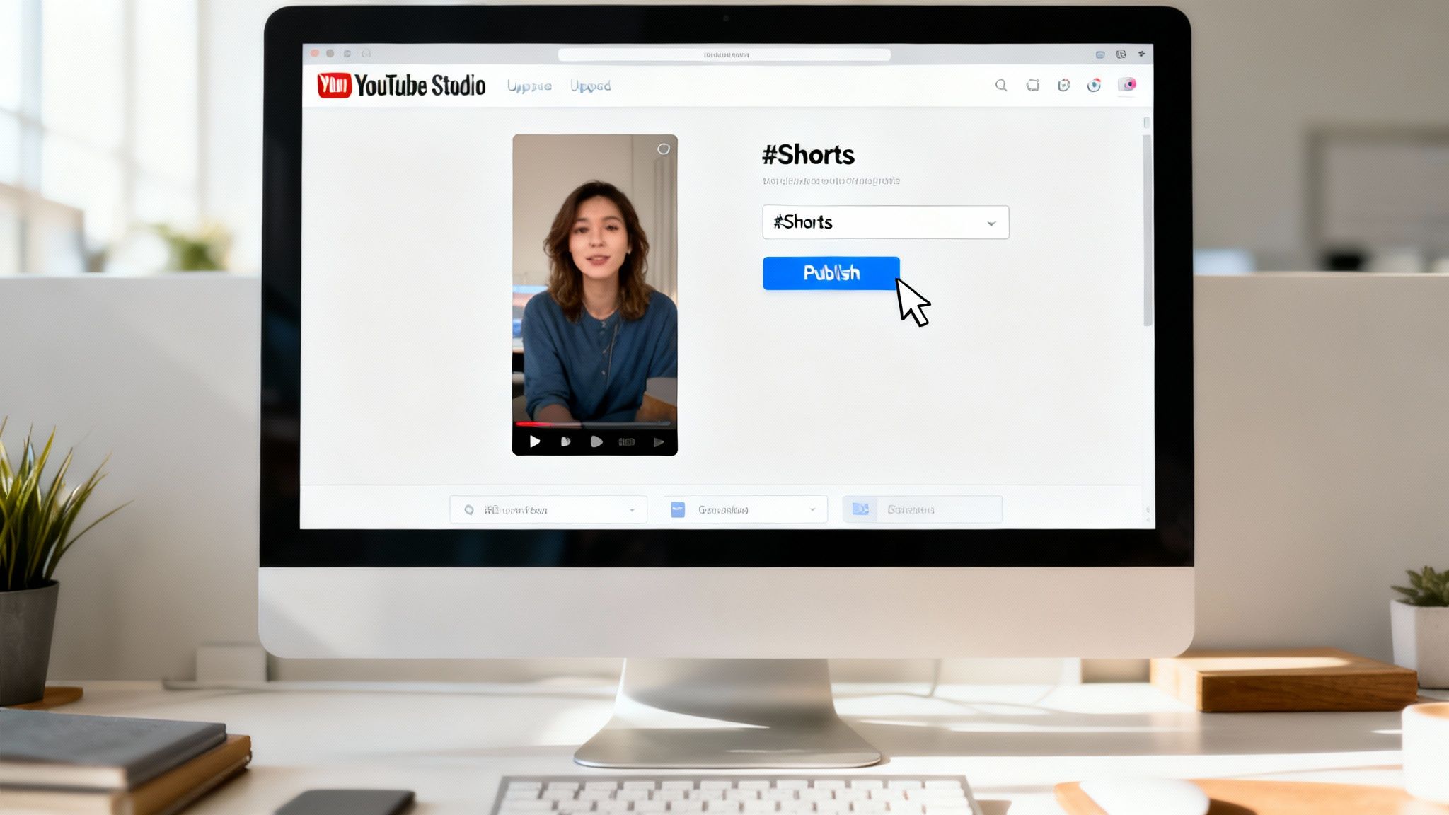 A person sitting at a desk with a dual-monitor setup, editing a vertical video in YouTube Studio.