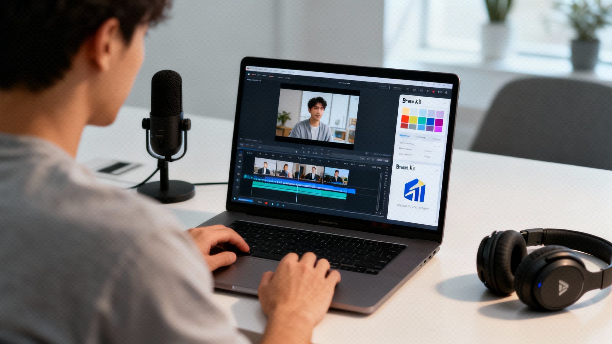 AI-powered video editor interface showing a timeline and brand assets.