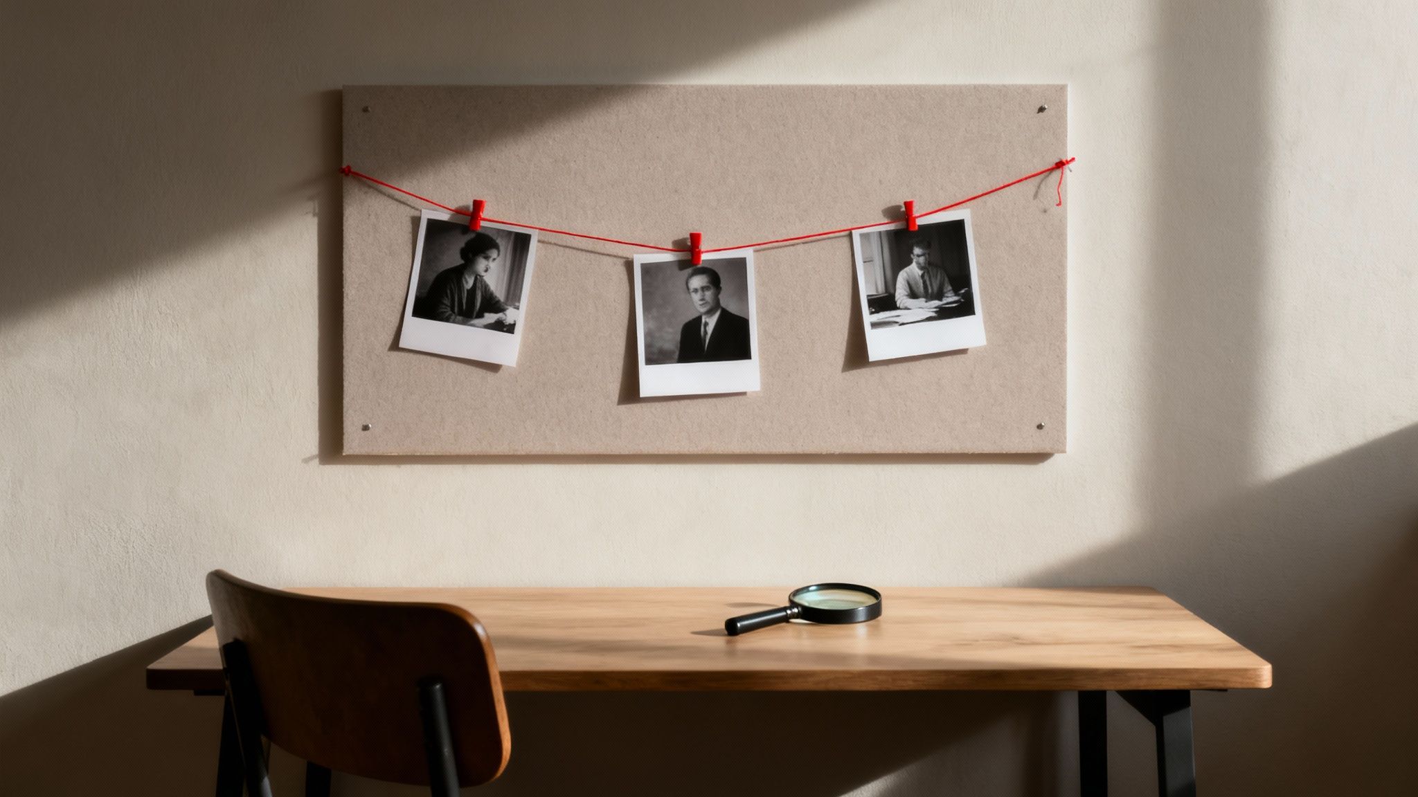Three black and white photos on a cork board above a wooden desk with a magnifying glass.