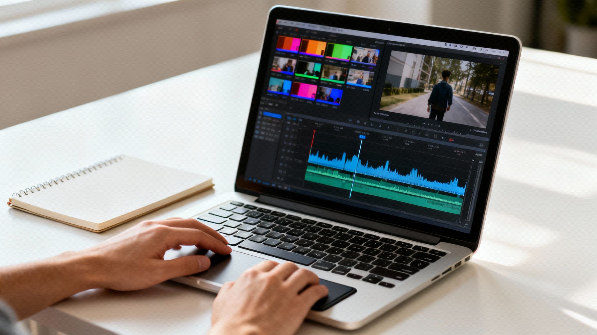 Person editing video content on laptop with timeline and audio waveforms visible on screen