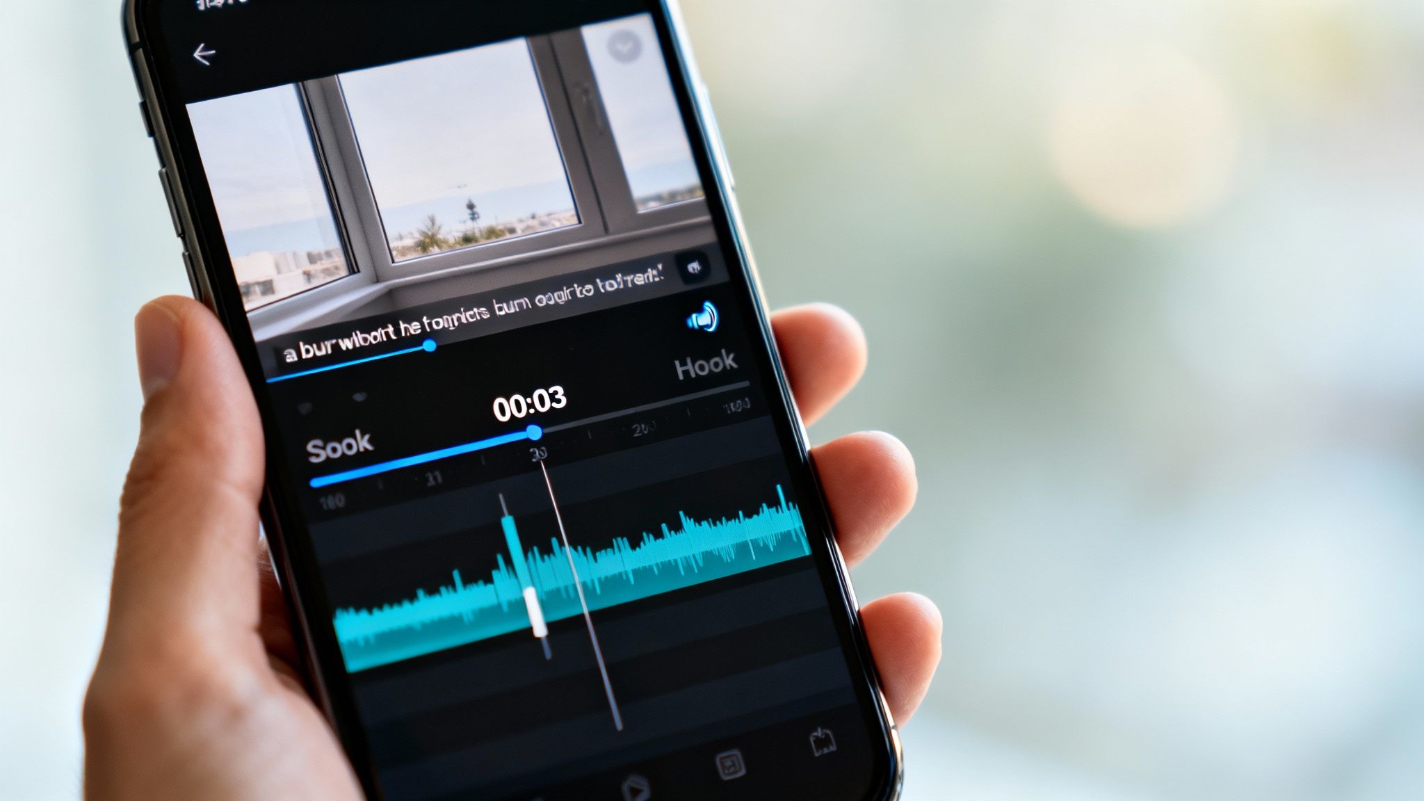 A person holds a smartphone displaying a video editing app with a timeline and video footage.