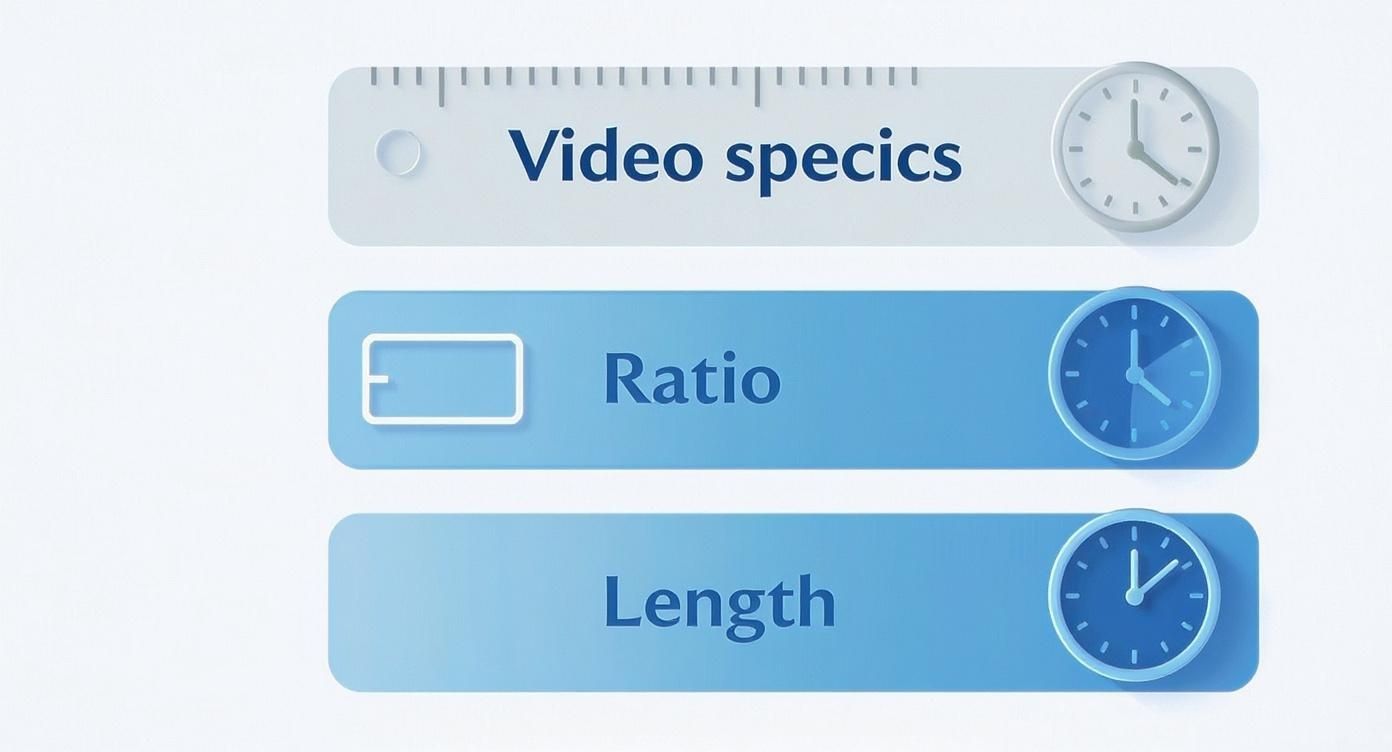 Video specifications interface showing ratio and length options with clock icons and ruler markings