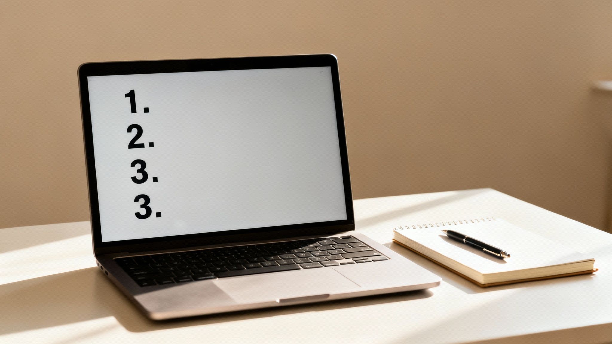 Laptop displaying a numbered list (1, 2, 3, 3), with a notebook and pen on a white desk.