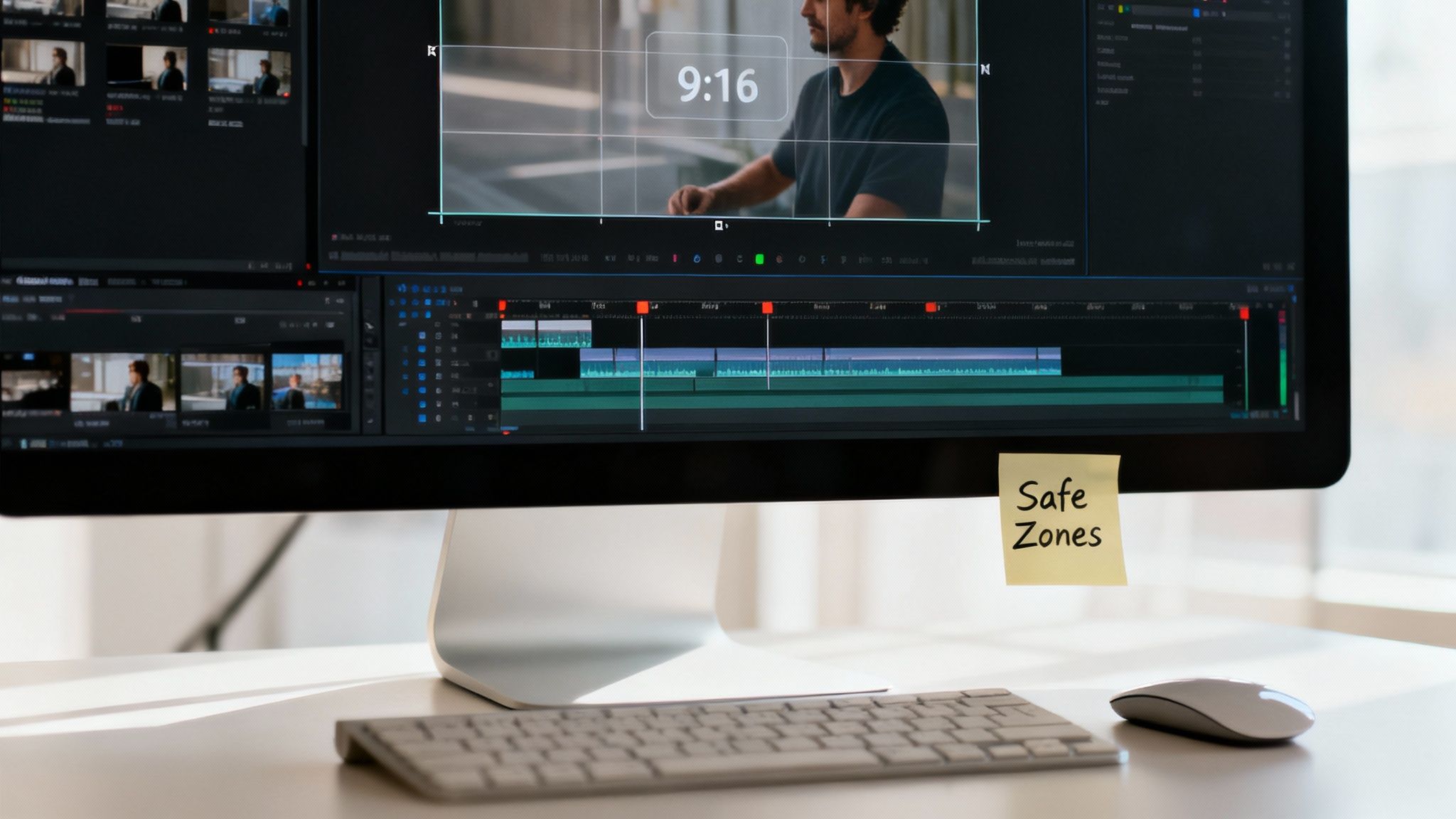 Close-up of a computer screen showing video editing software with a man in the preview window.