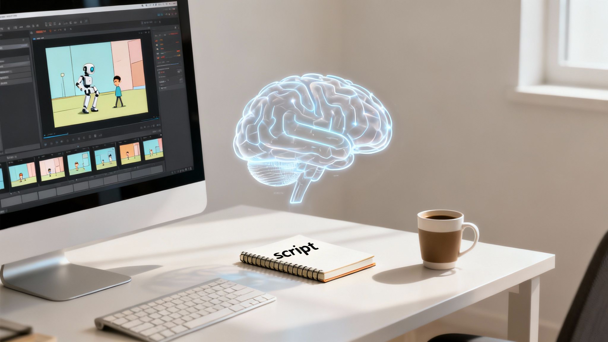 Computer displaying animation software, glowing AI brain, and 'script' notebook on a white desk.