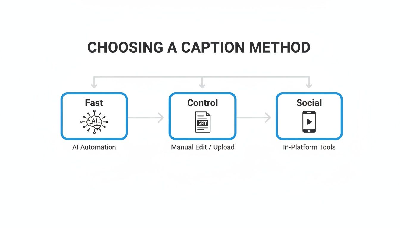Flowchart illustrating three caption methods: fast AI automation, manual edit for control, and social in-platform tools.