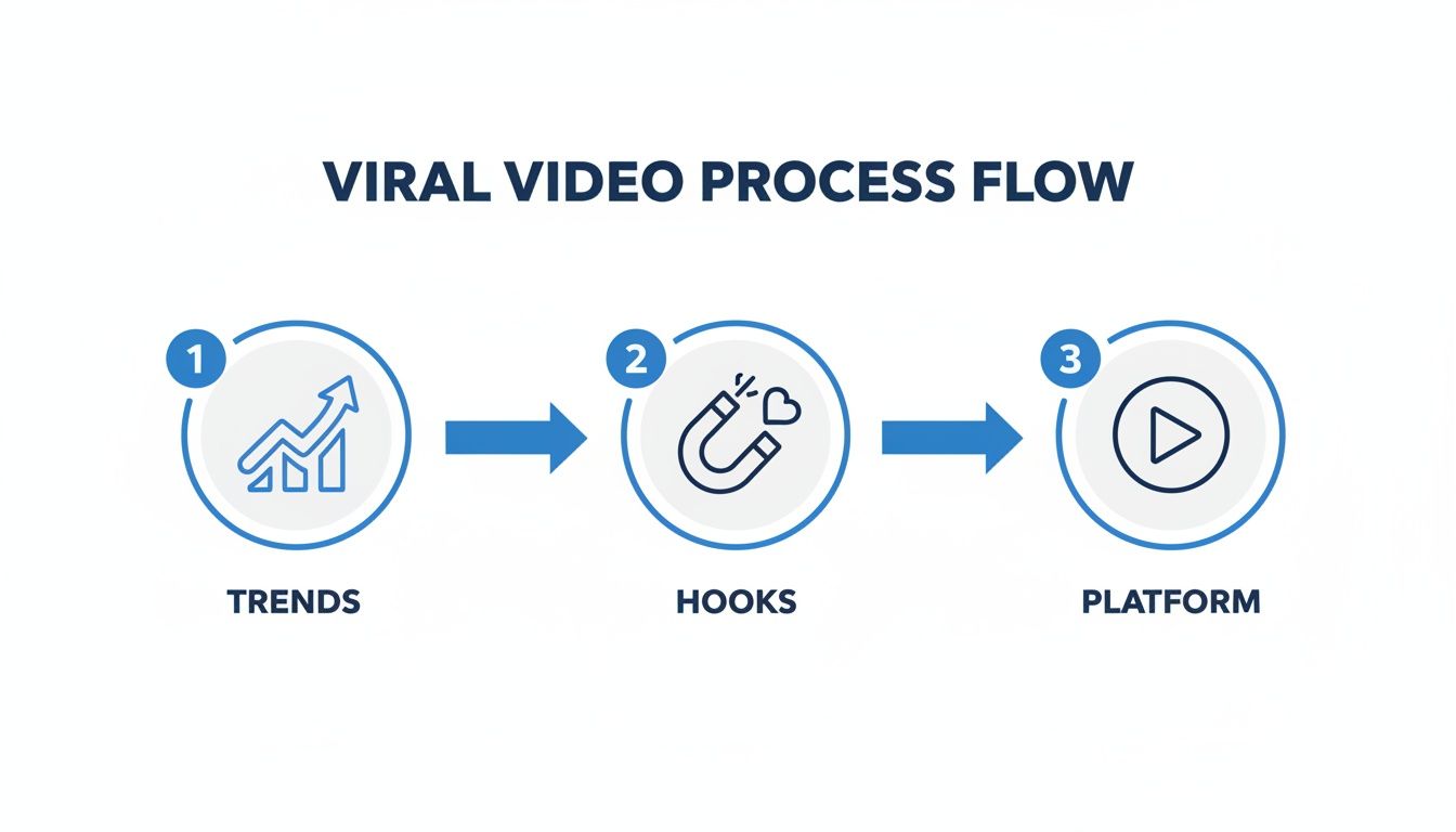 A three-step process flow for creating viral videos: Trends, Hooks, and Platform.