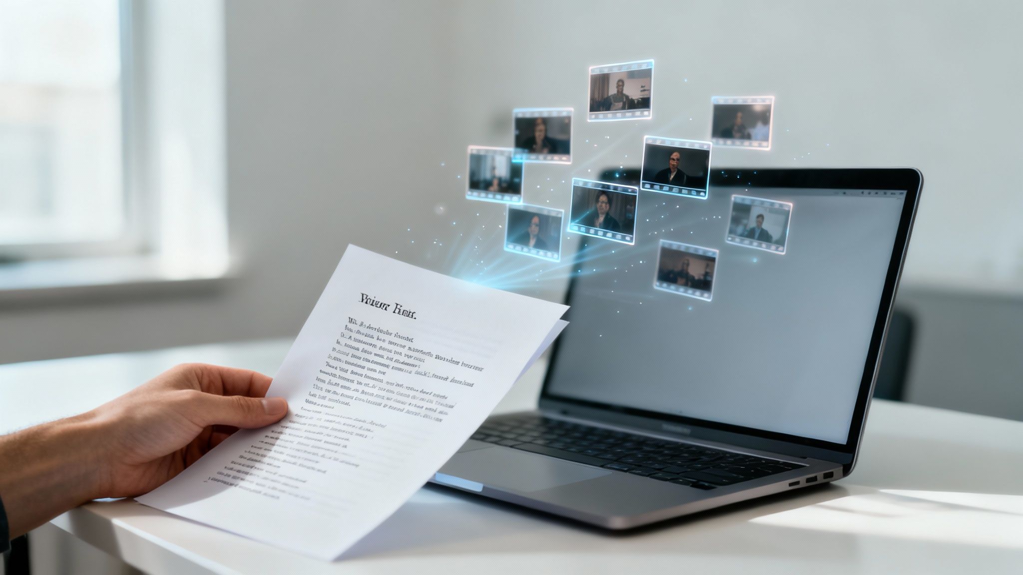 A person editing a video on a laptop with a script nearby, showcasing the script to video creation process.