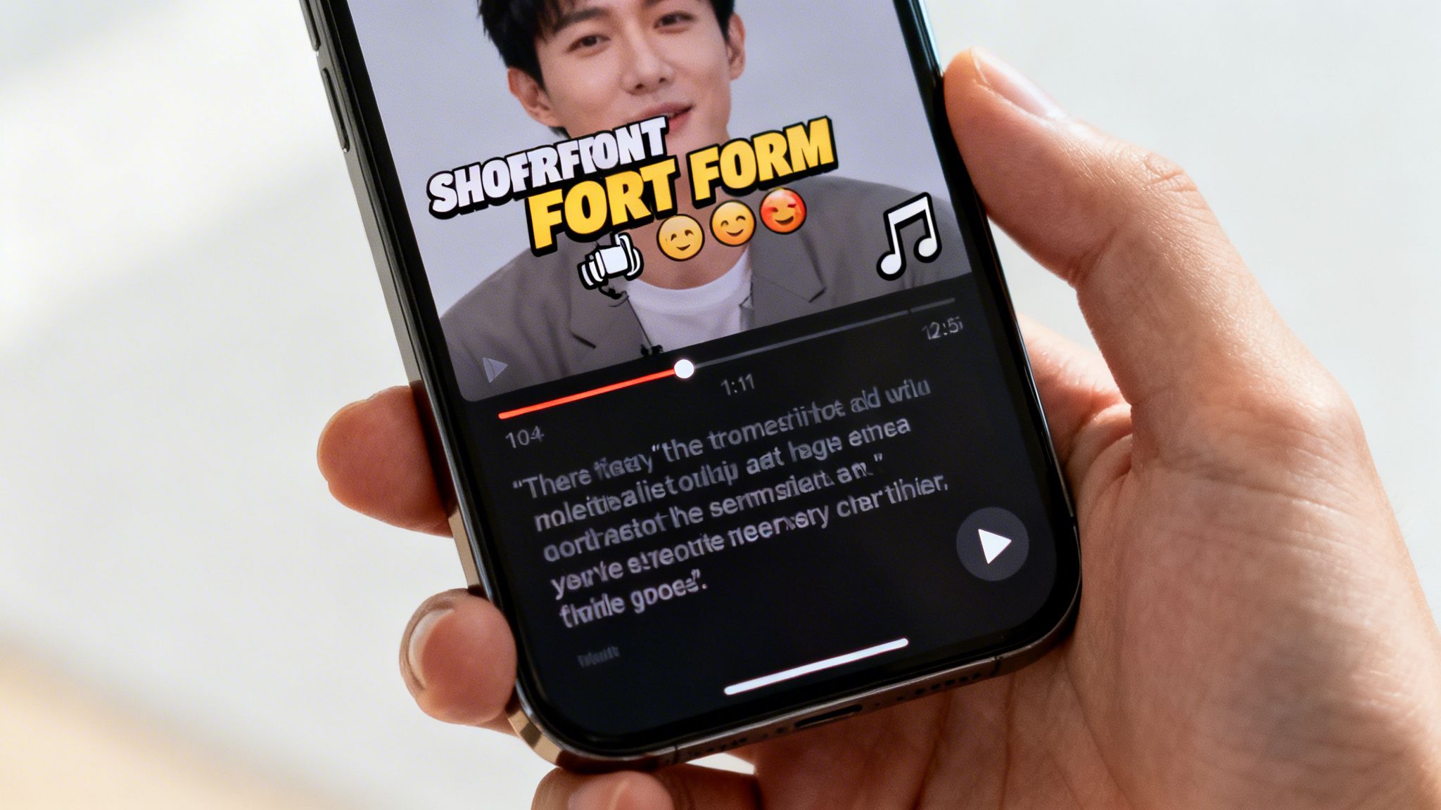 Close-up of a hand holding a smartphone displaying a video with a man, captions, and text overlays.
