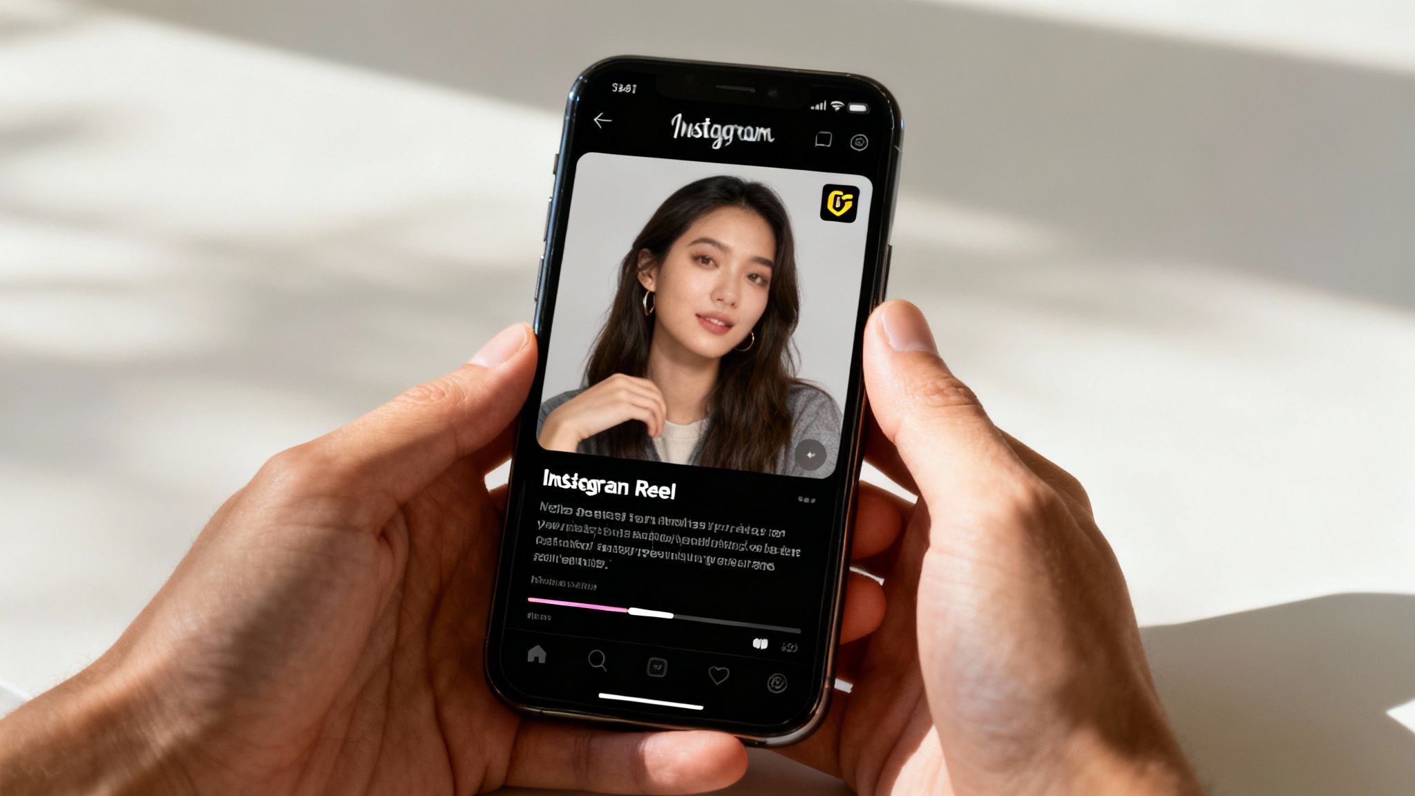 A person editing a video on a laptop, with Instagram's interface and design elements like captions and stickers visible, signifying the process of making a video look native to the platform.