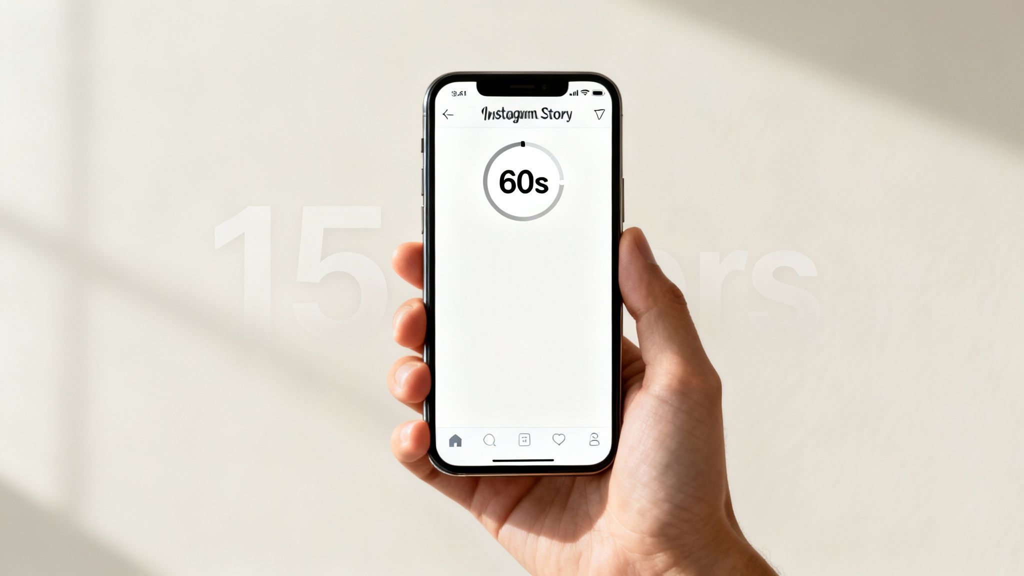 Hand holding an iPhone displaying Instagram Story with a '60s' video timer, contrasting older 15s limit.