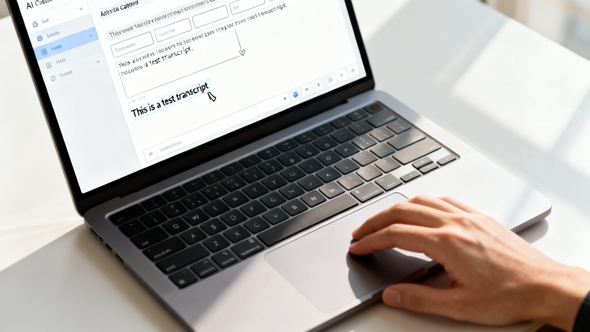 A person's hand operates a laptop trackpad, interacting with a transcription software screen.