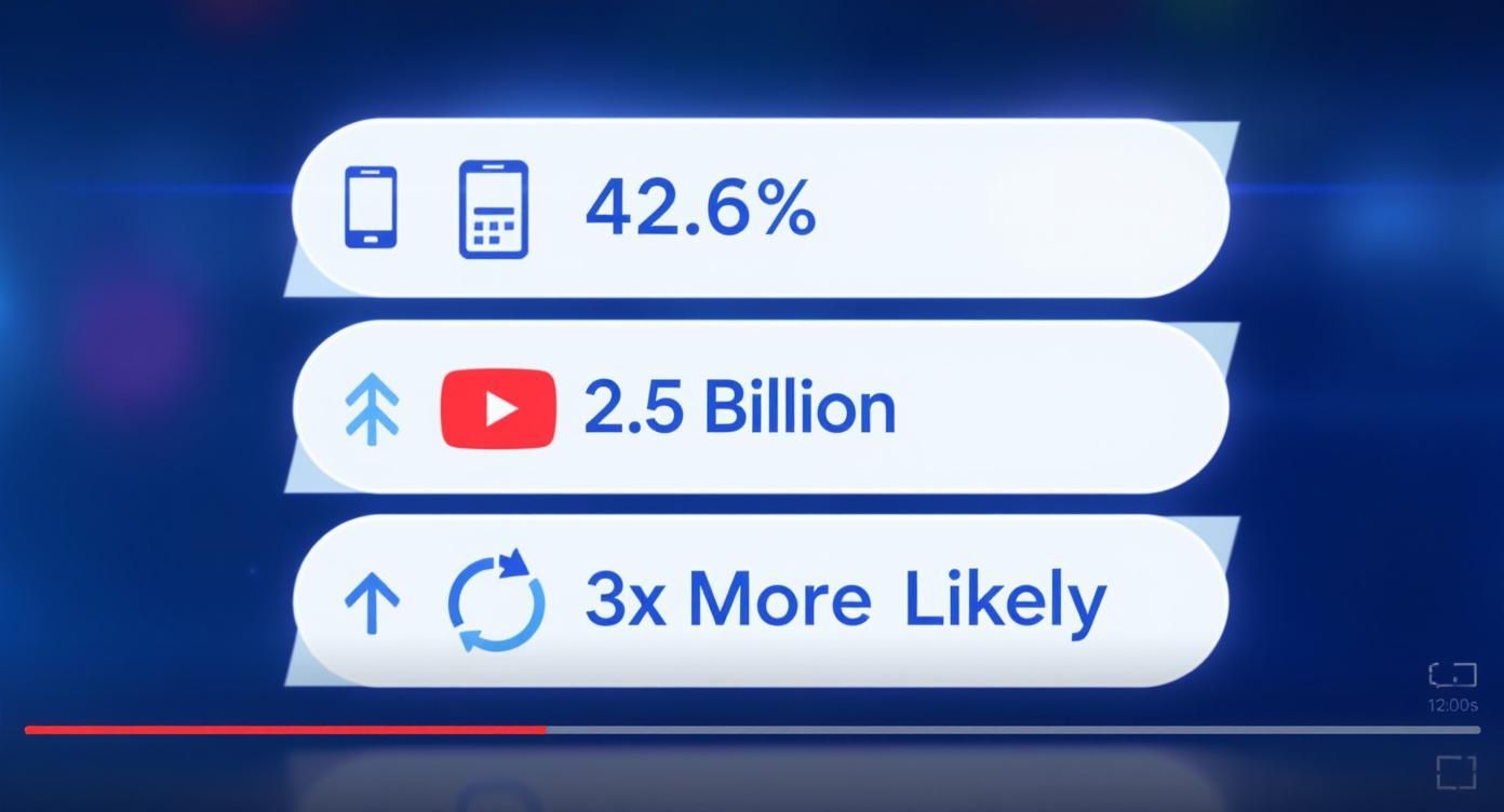 Mobile video statistics showing 42.6% usage, 2.5 billion YouTube users, and 3x engagement increase