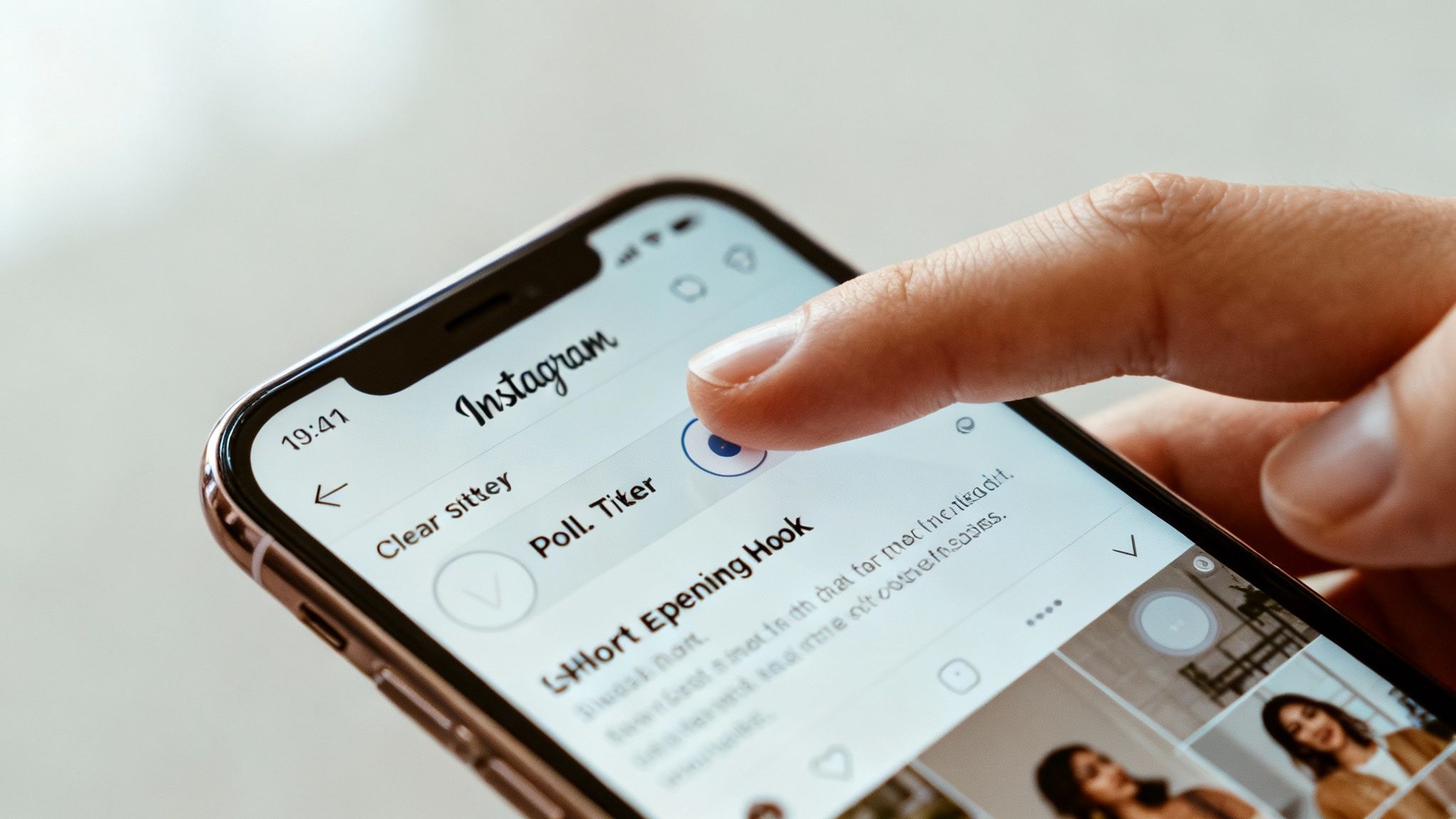 A close-up of a finger tapping a poll option on an Instagram story or post on a smartphone.
