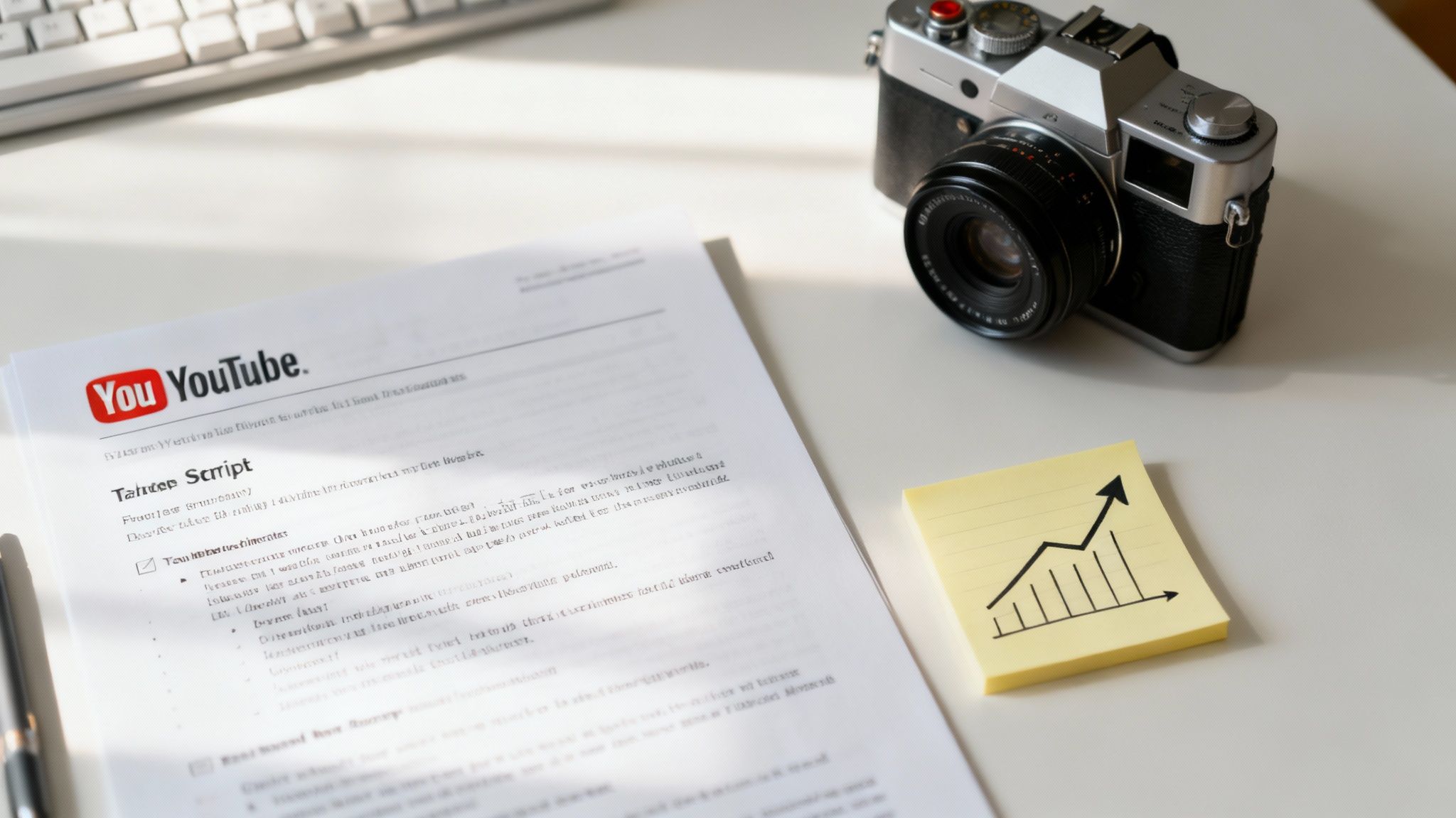 A desk features a YouTube script, a camera, and a growth chart note, for video content creation.