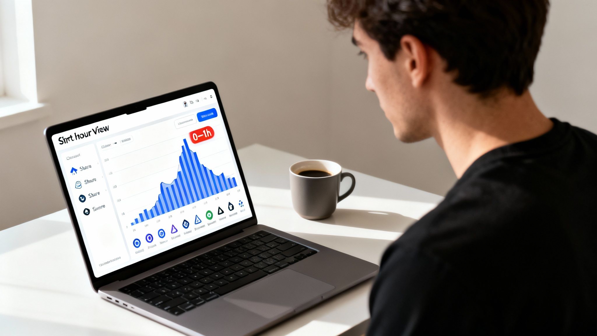 Man viewing a growth chart on a laptop, with a coffee cup nearby, in a bright modern workspace.