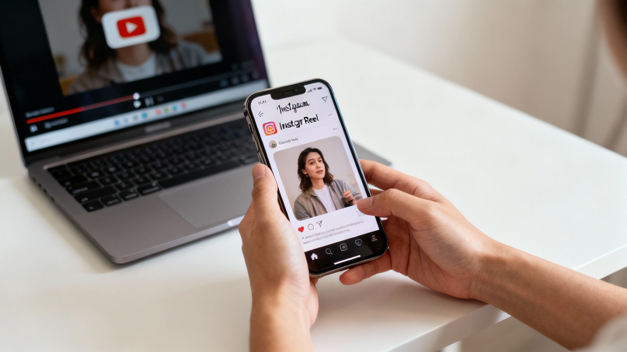Hands holding a smartphone showing an Instagram Reel, with a laptop playing YouTube in the background.