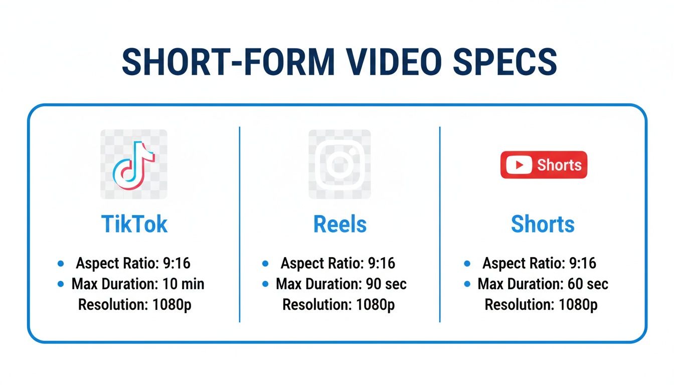 Comparison of short-form video specifications for TikTok, Instagram Reels, and YouTube Shorts.