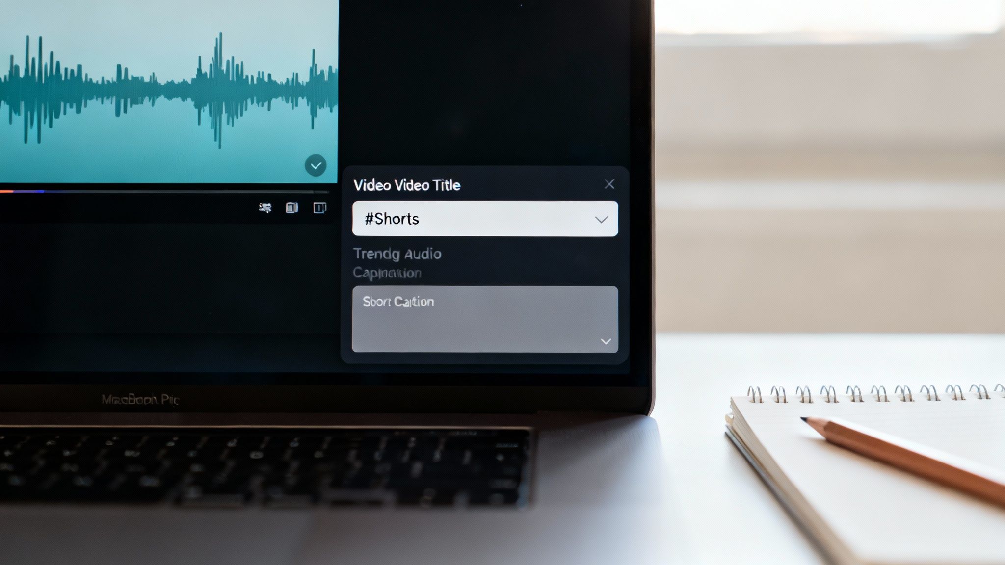 A laptop showing a video editor and a pop-up menu for editing details of a YouTube Short.