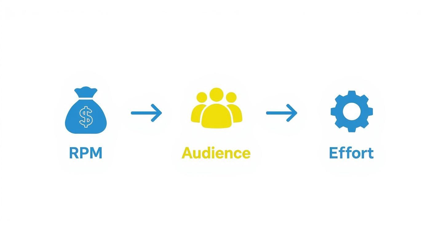 Flow diagram showing RPM with money bag leading to audience icons leading to effort gear symbol
