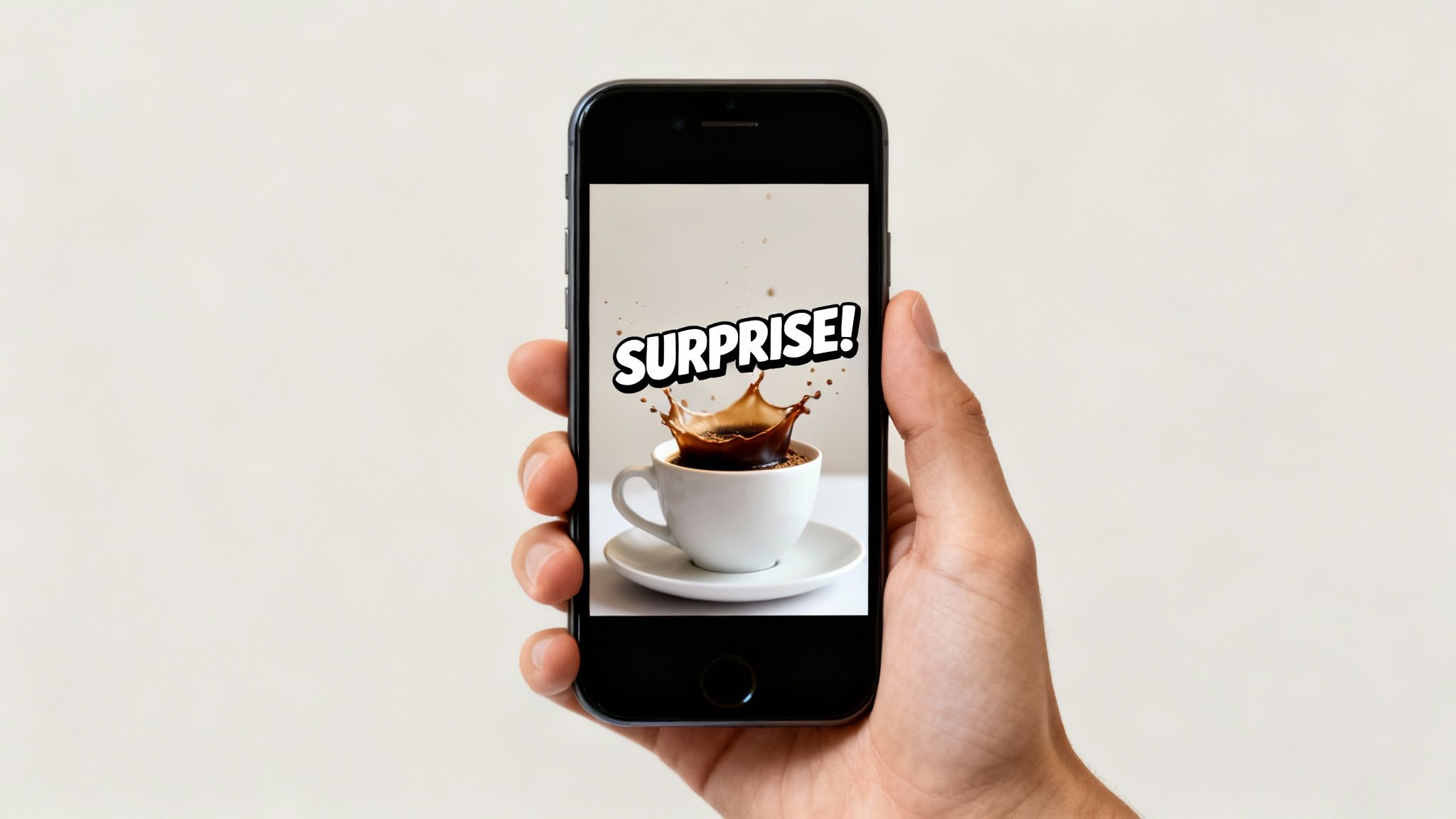 A hand holds a smartphone displaying a "SURPRISE!" message above splashing coffee in a cup.