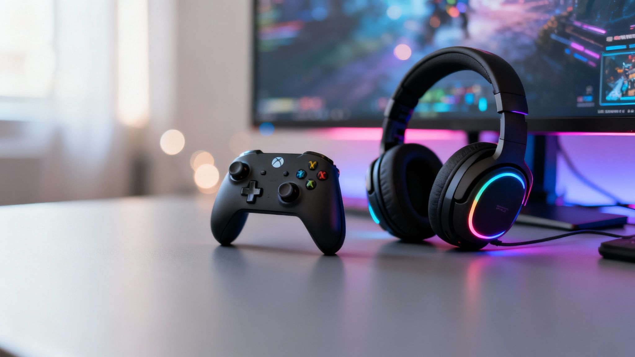 Close-up of a black Xbox controller and glowing RGB headphones on a grey desk.