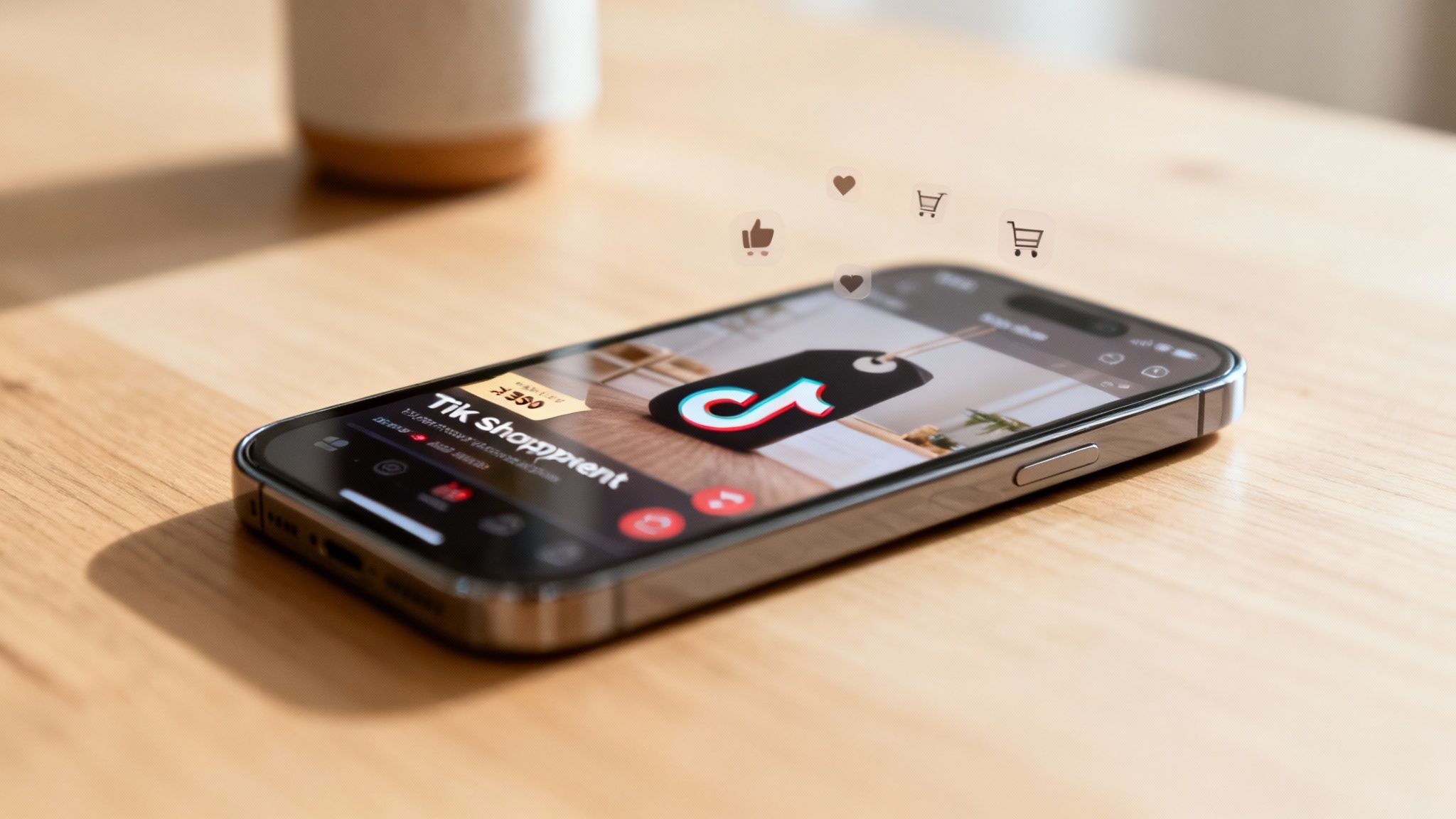A person holding a smartphone displaying the TikTok app, with shopping cart icons floating around it, symbolizing e-commerce on the platform.