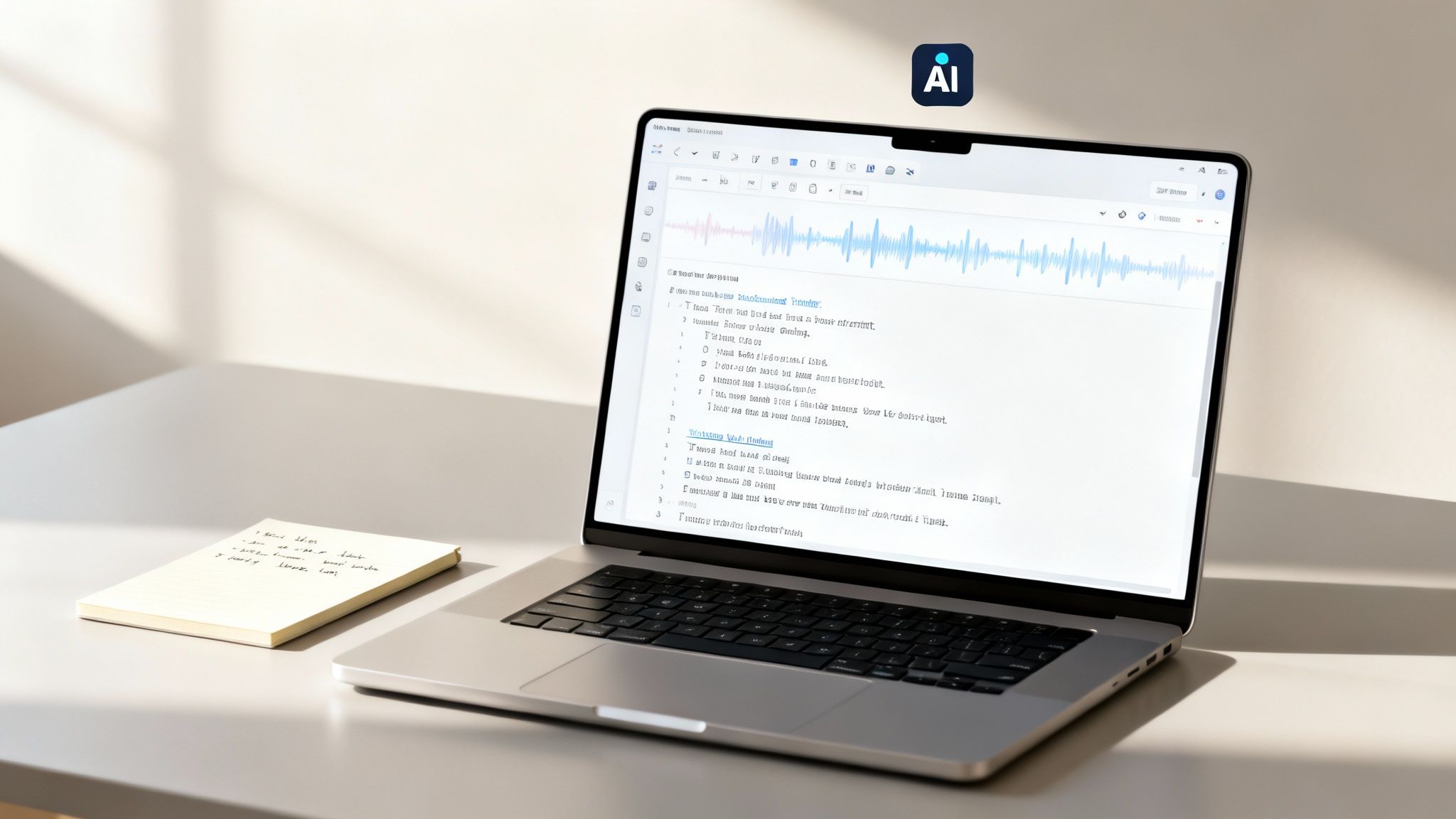 A laptop on a desk displays a document with an audio waveform and text, alongside a notepad, highlighting AI tools for content creation.