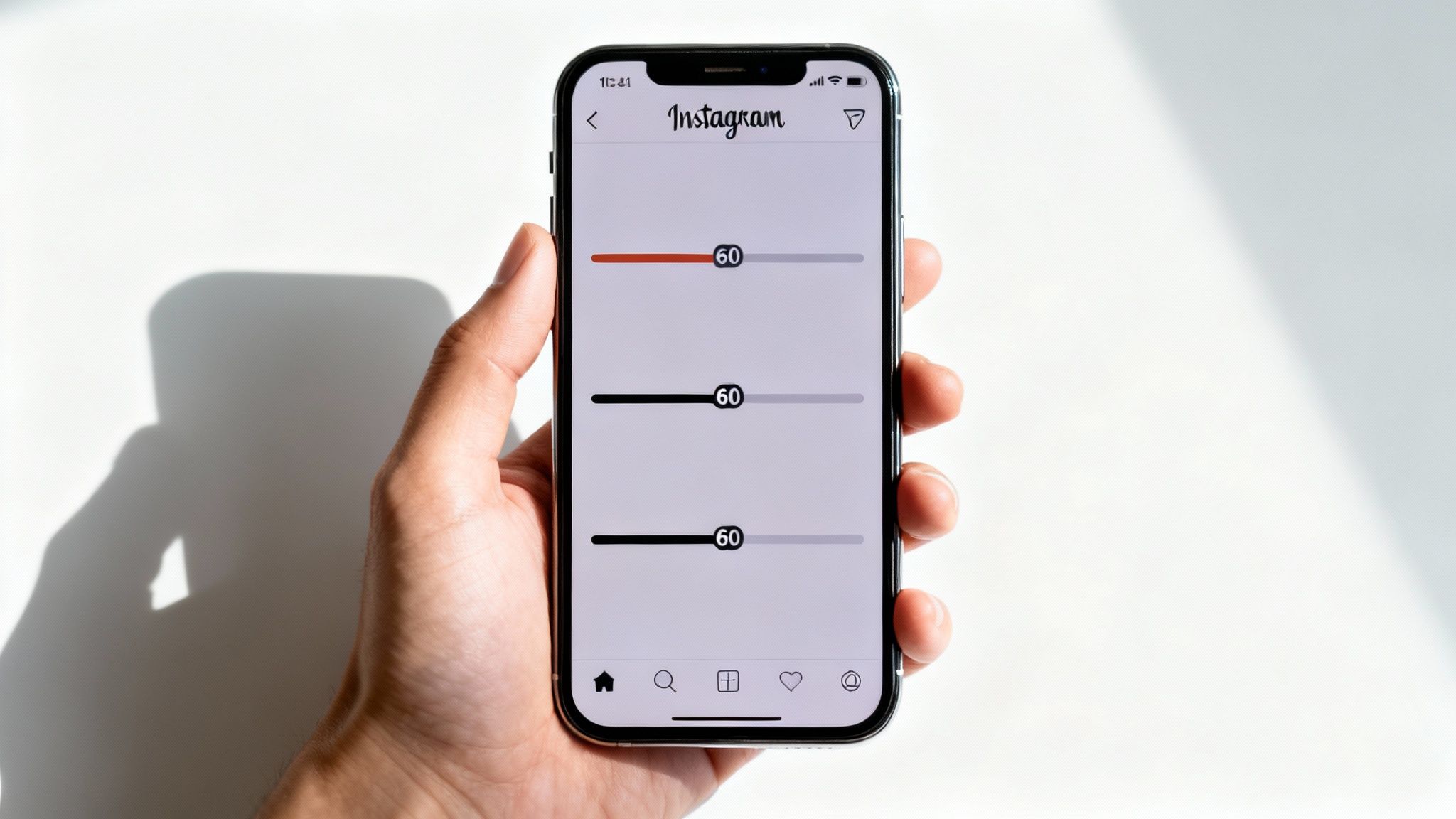 A hand holds an iPhone displaying the Instagram app with three '60' sliders, one red.