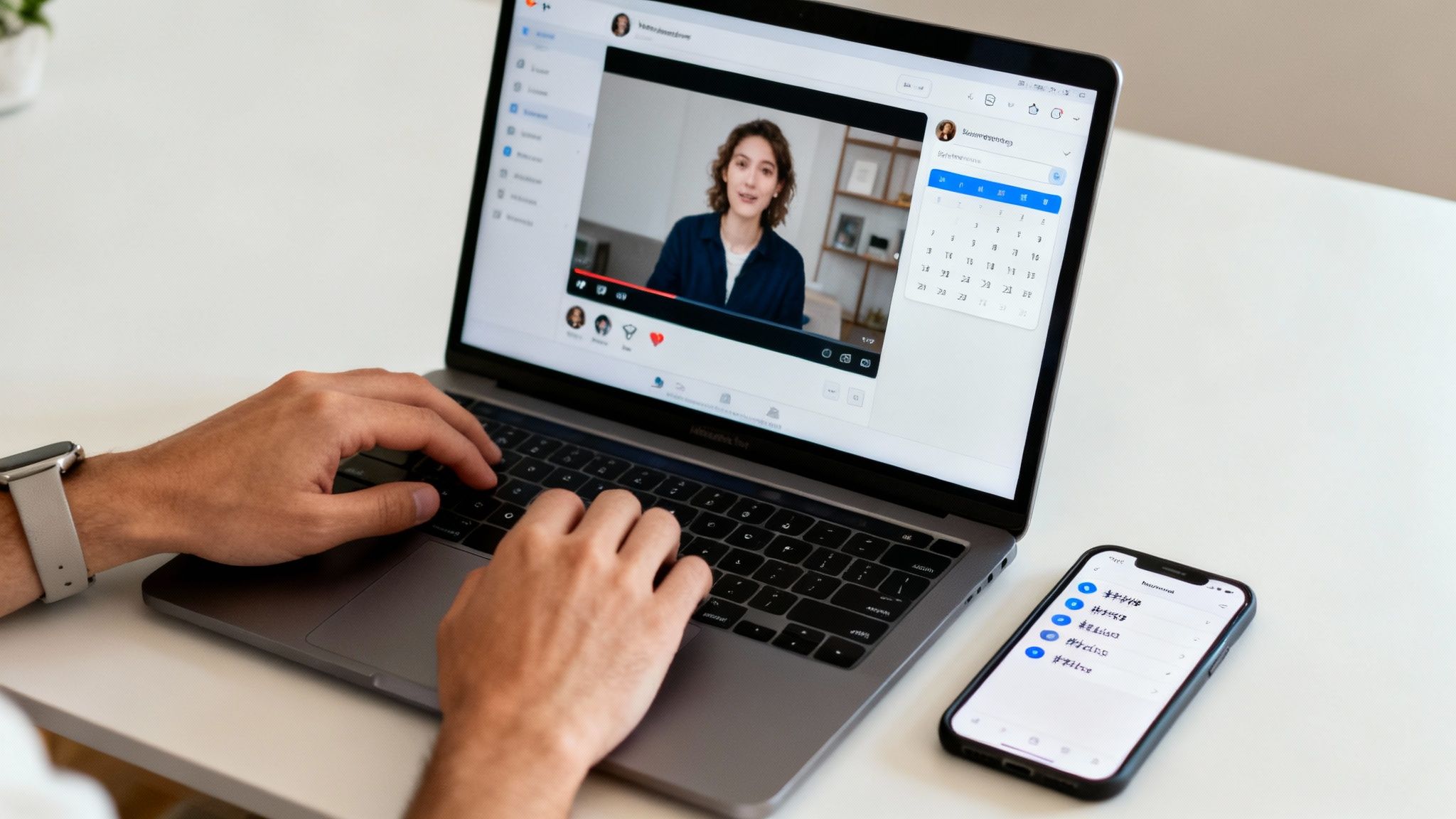 An individual analyzing video marketing data on a laptop and tablet.