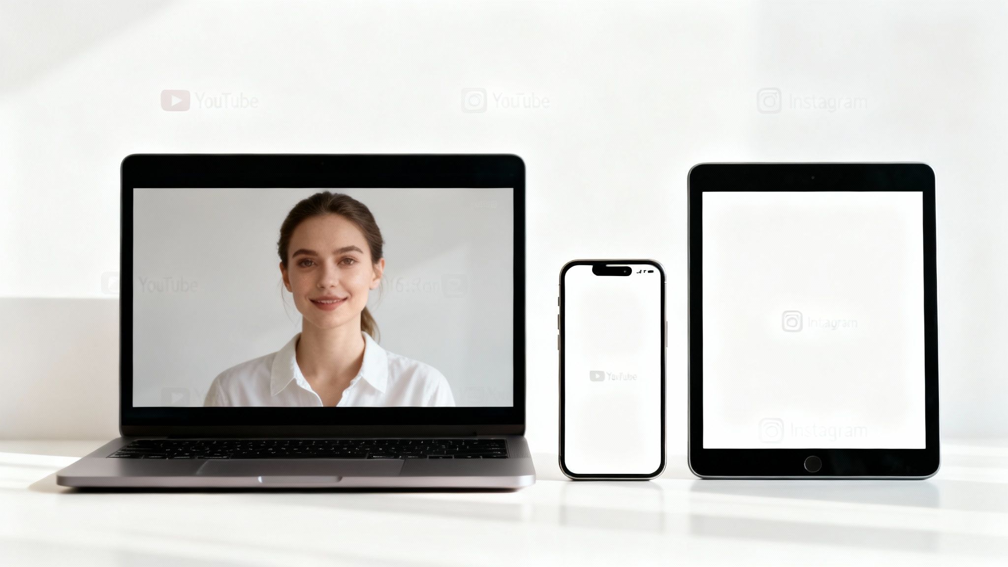 A person sharing a video from their laptop to various social media icons floating around them.