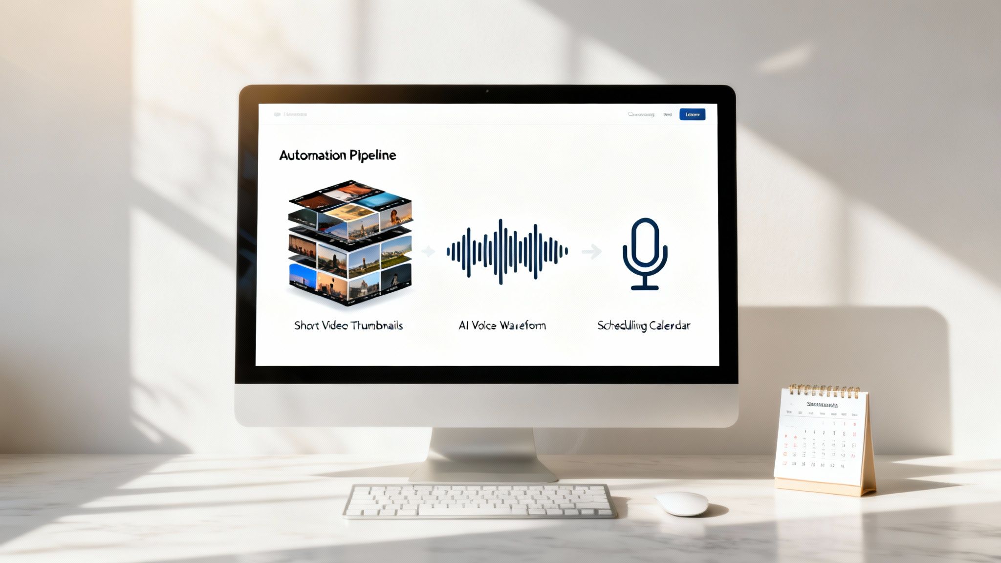 A computer monitor displays an 'Automation Pipeline' for short video thumbnails, AI voice, and scheduling.