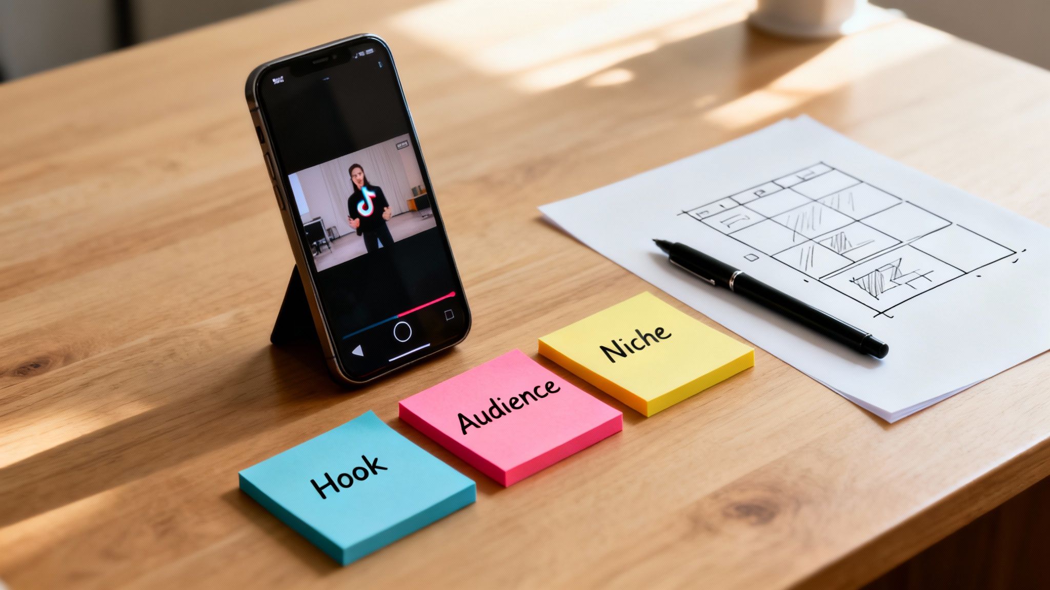 Smartphone displaying a TikTok video next to 'Hook, Audience, Niche' sticky notes for content strategy.