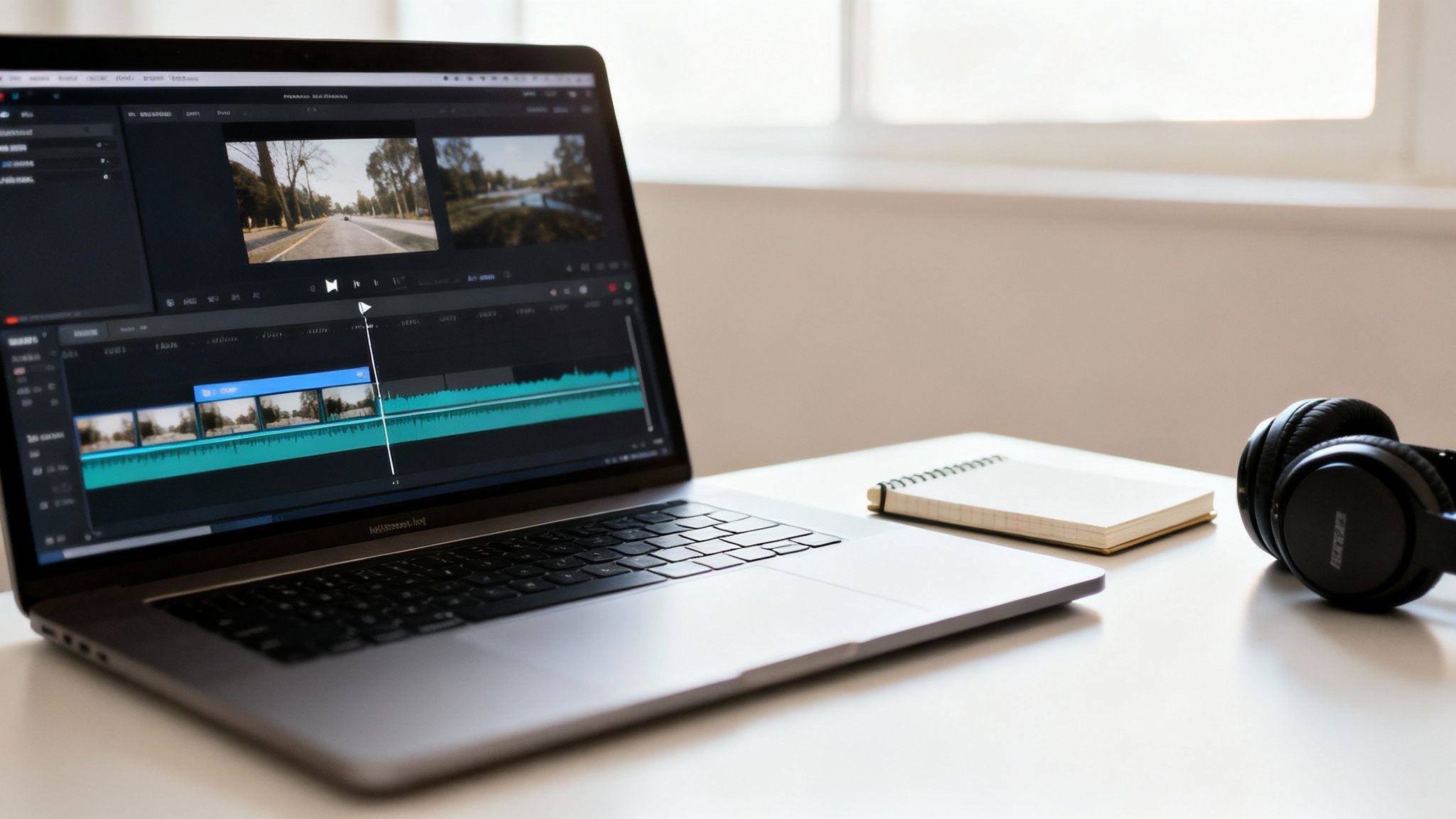 A person editing a video on a laptop with a focused expression