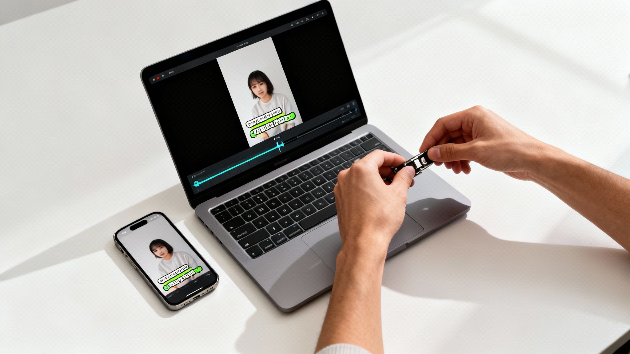 Les mains d'une personne tenant un petit appareil près d’un ordinateur portable affichant un logiciel de montage vidéo et un smartphone.