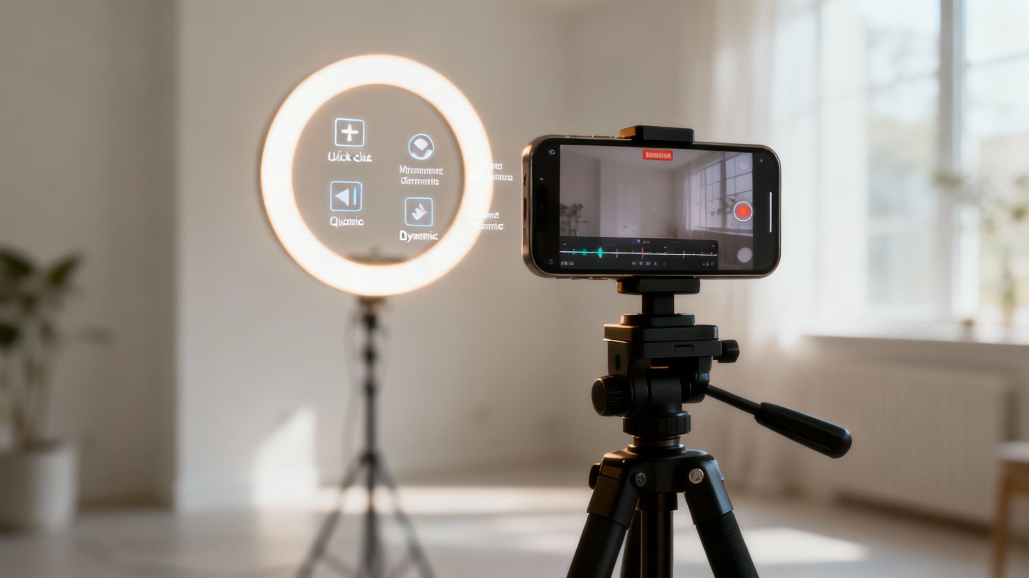 A creator using a smartphone on a tripod with a ring light, focused on creating professional-looking YouTube Shorts.
