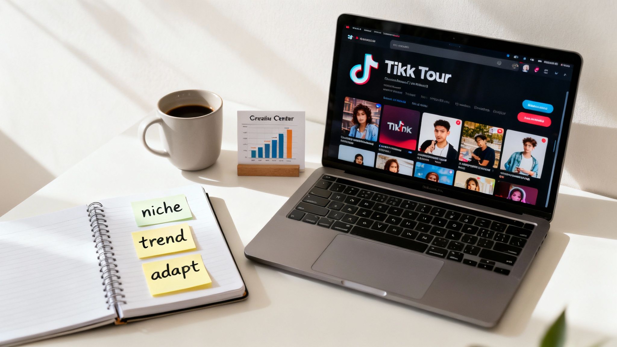 A flat lay shows a laptop with TikTok, a notebook with 'niche,' 'trend,' 'adapt' notes, and coffee.