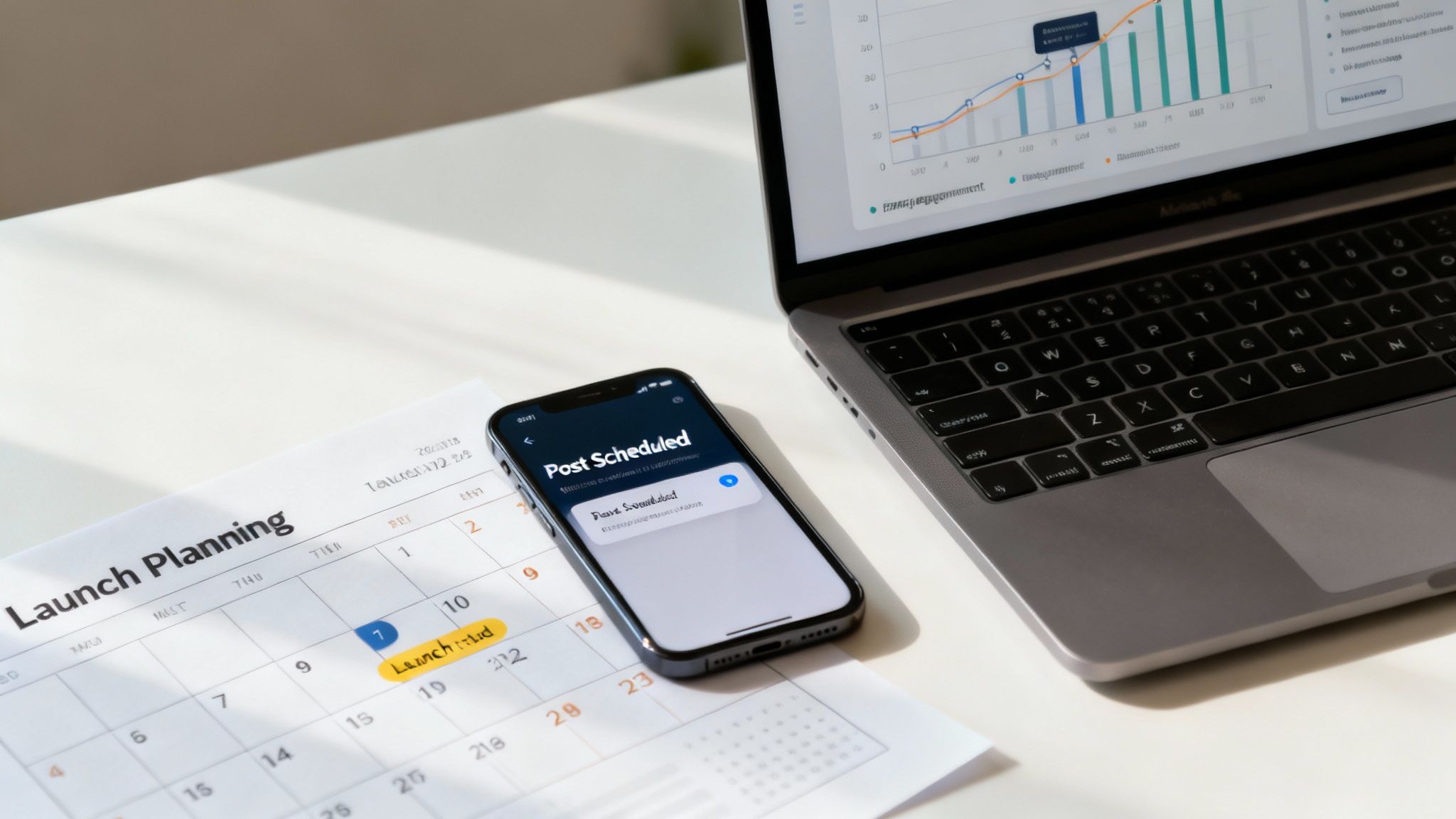 A finger pressing a "publish" button on a smartphone screen, with icons for various social media platforms radiating outwards.