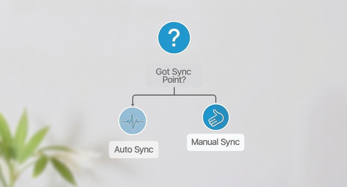 Flowchart illustrating a decision for sound and video synchronization, offering auto or manual sync options.