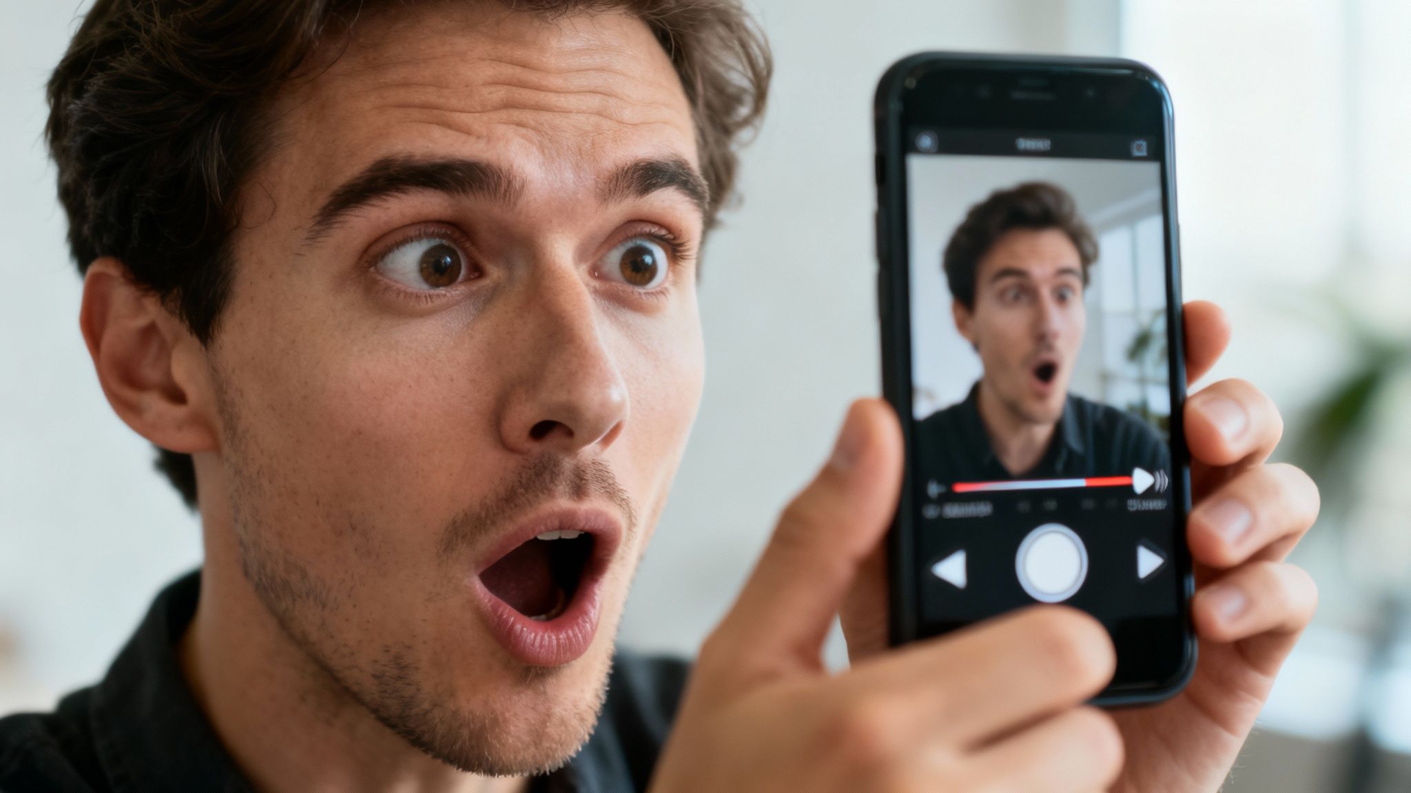 Surprised man with wide eyes and open mouth reacting to his video on a smartphone.