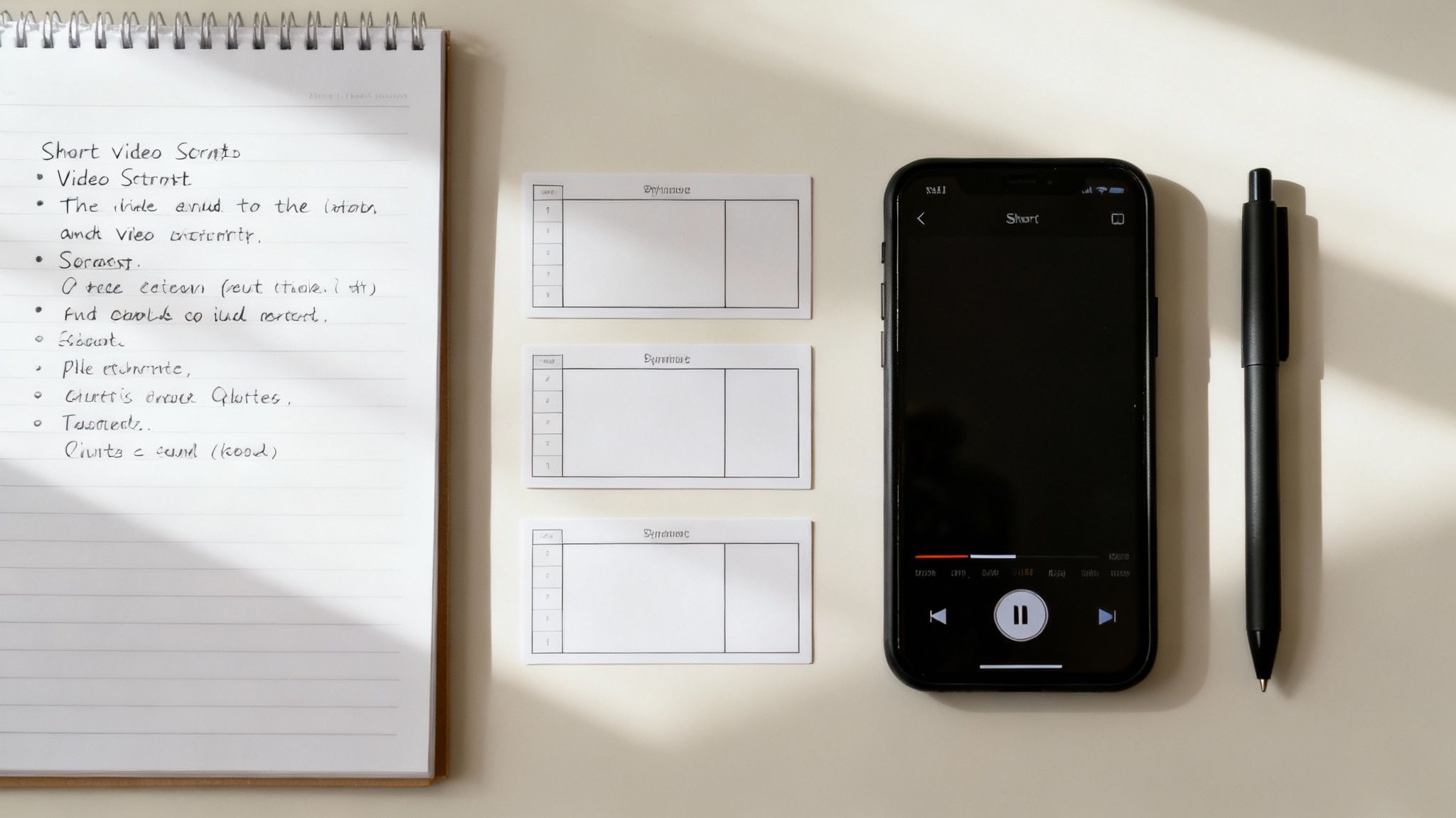 A flat lay shows a notebook with 'Short Video Scripts', a smartphone playing a video, a pen, and planning cards.