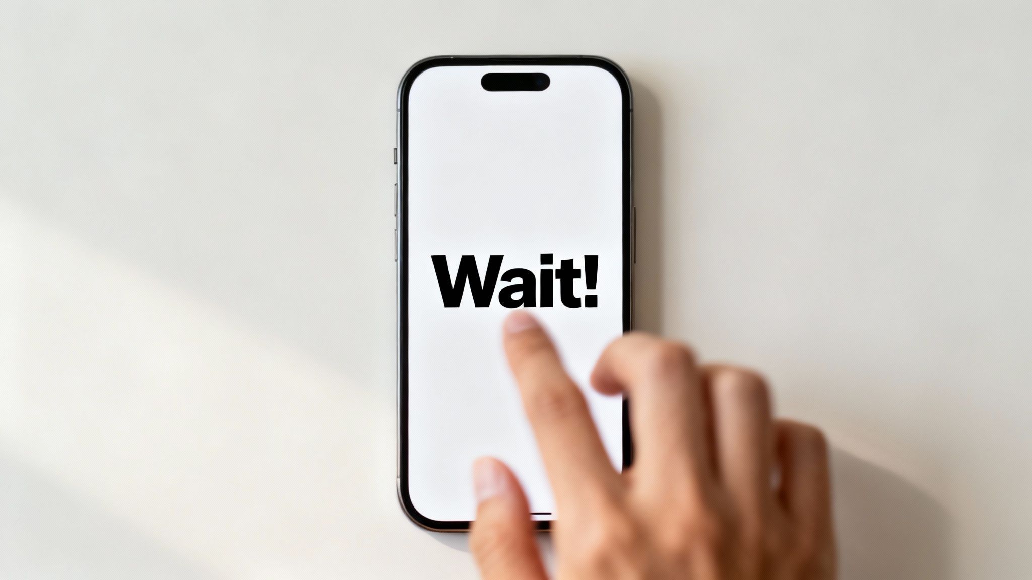 A hand touches a smartphone screen displaying the bold black word 'Wait!' on a white background.