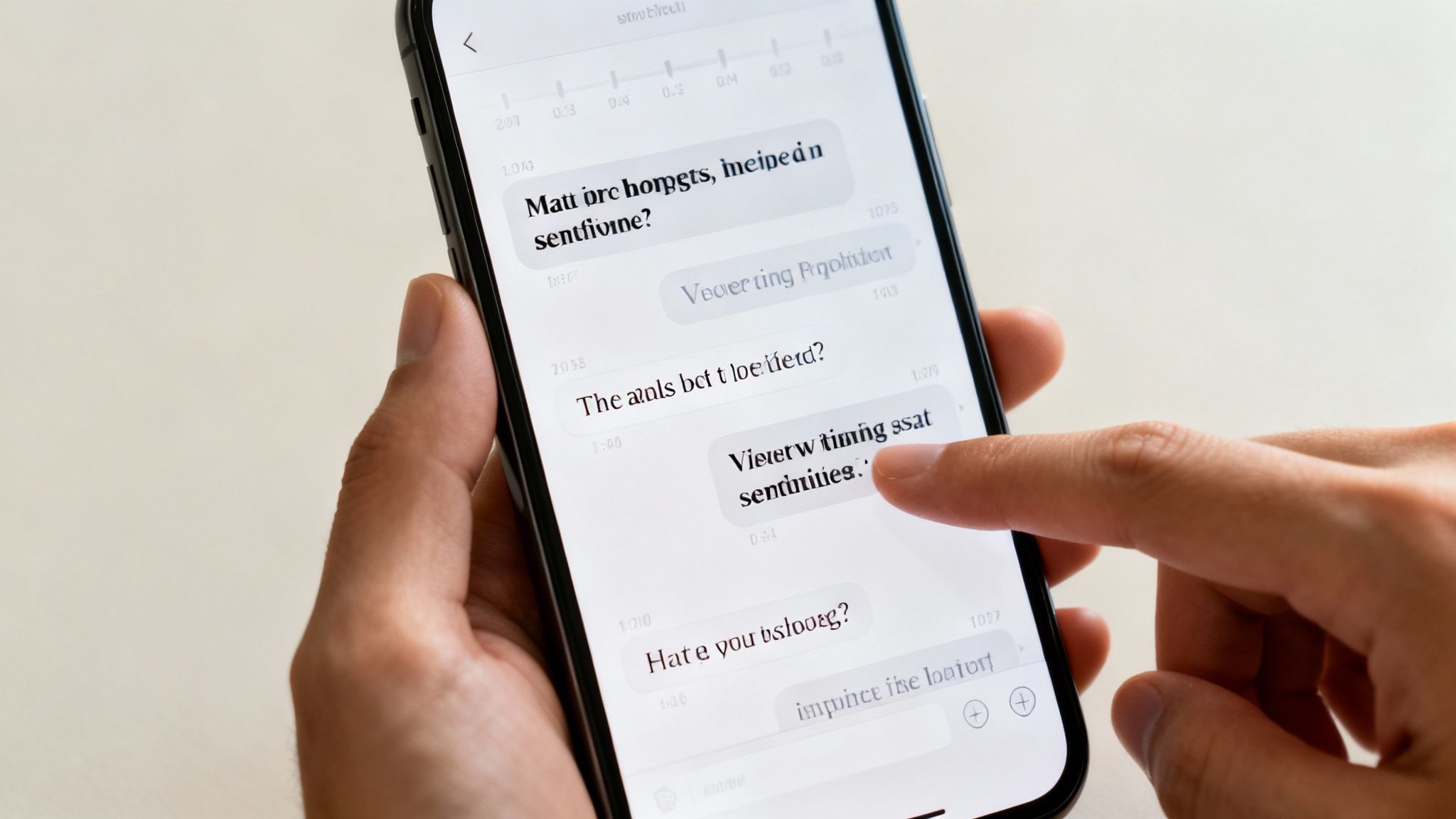 Close-up of a person's hand tapping a smartphone screen displaying a chat application.