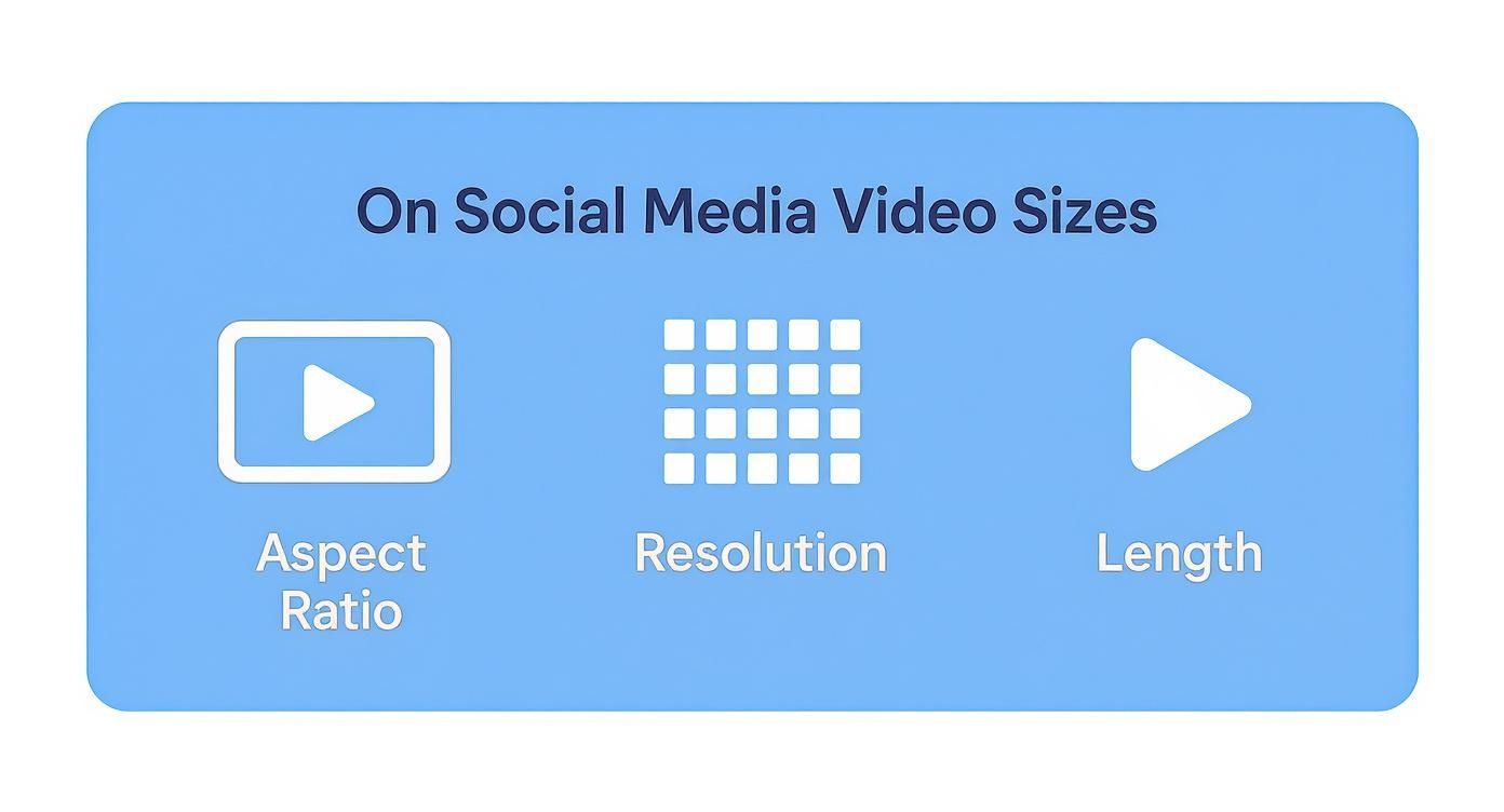 Infographic summarizing social media video sizes including aspect ratio, resolution, and length